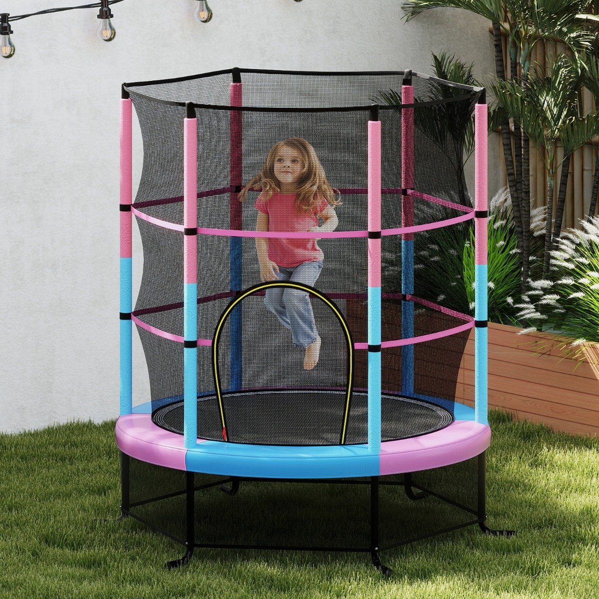 Ø165cm Gartentrampolin mit Sicherheitsnetz Trampolin bis 135KG belastbar für Kinder ab 3 Jahre Macaron