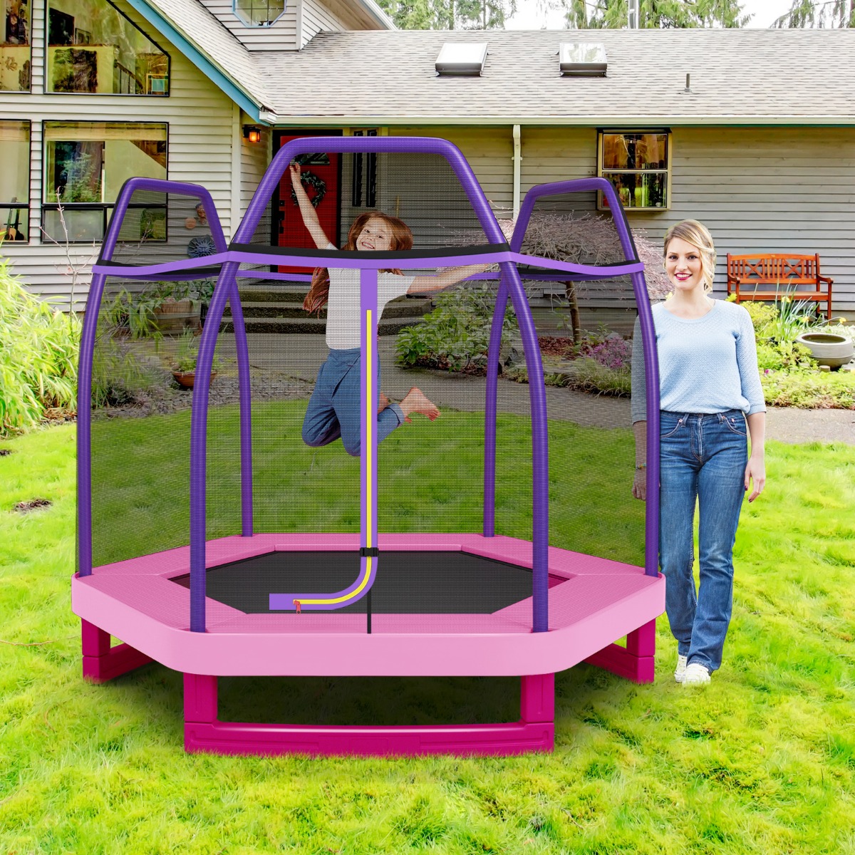 Ø223cm Gartentrampolin mit Sicherheitsnetz Indoor-/Outdoortrampolin für Kinder Lila