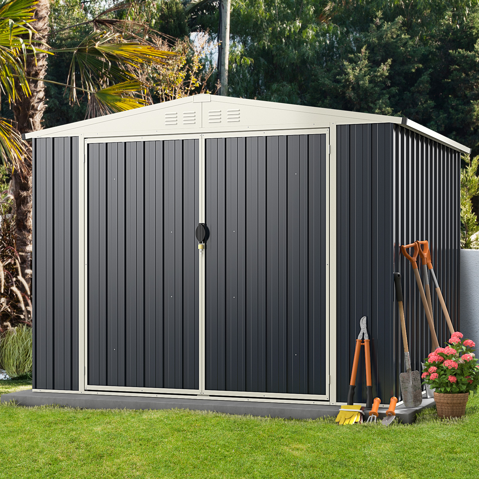 Gerätehaus Metall 246 x 193 x 180 cm Geräteschuppen abschließbar Gartenhaus mit Pultdach & Belüftungsöffnung Grau