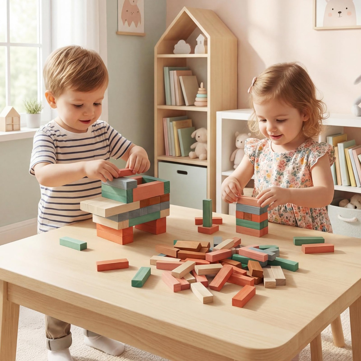 Buntes Holz Stapelspiel 54 Teile Wackelturm mit Tasche für Kinder ab 3 Jahren Mehrfarbig