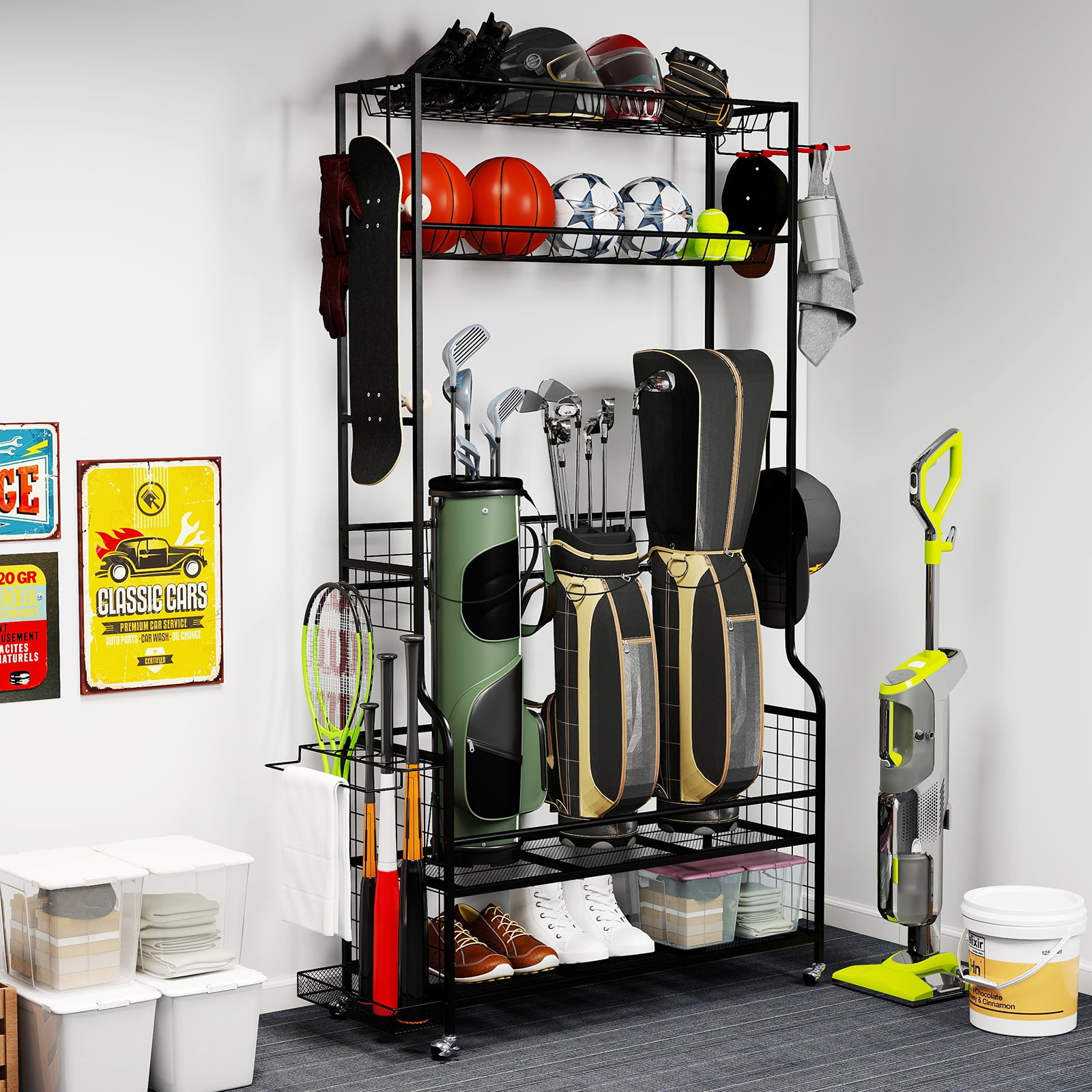 Golf Organizer mit Abnehmbaren Rollen & 4 Haken & 2 Körben Golfschläger-Organizer Schwarz