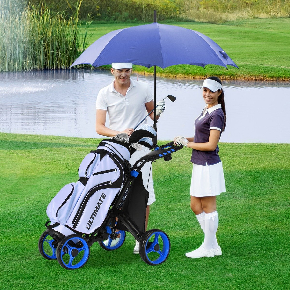Golf Trolley 4 Rad Golftrolley Golfwagen Golf klappbar Golfcaddy Golf Push Cart aus Aluminum Blau