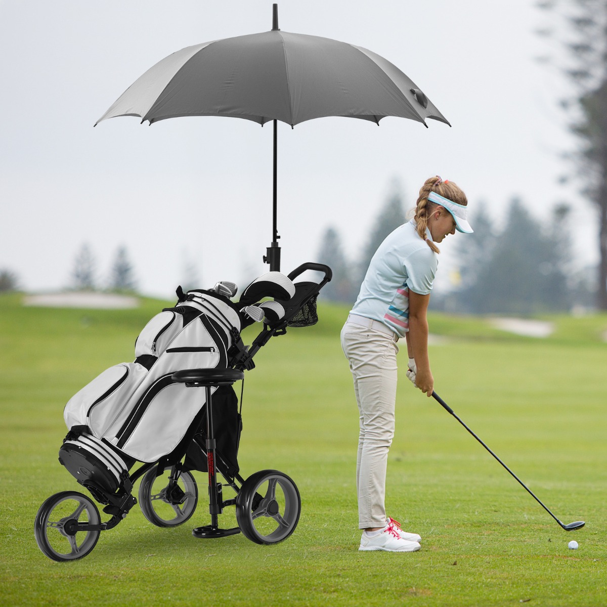 3 Rad Golf Trolley aus Aluminum mit Schirmhalter & Sitz Klappbare Golfwagen Golfcaddy Grau