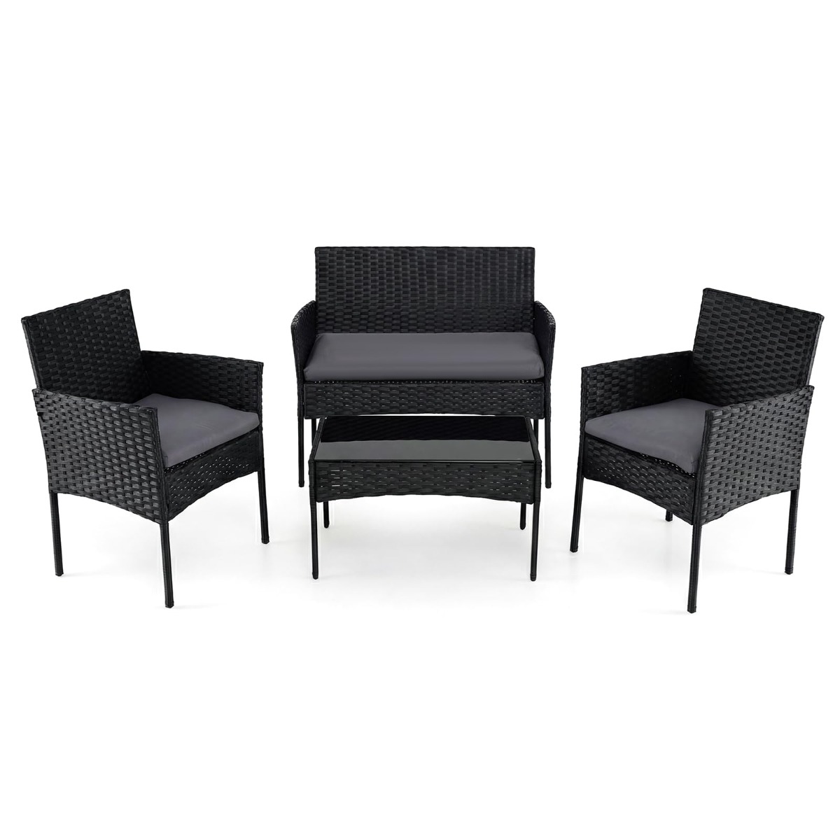 Rattan Gartenmöbel Set mit 2 Stühlen & Bank & Tisch & Kissen Sitzgruppe Gartengarnitur Grau