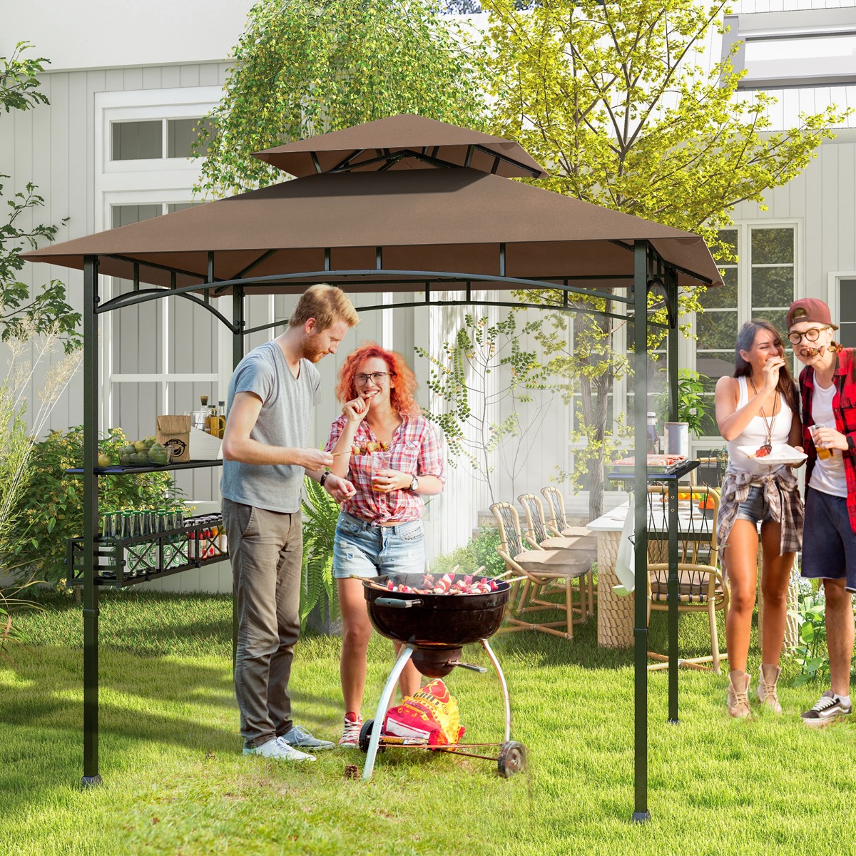 Grillpavillon mit Doppeldach & Seitenregalen & Metallkorb Grillüberdachungen Grillunterstand Braun
