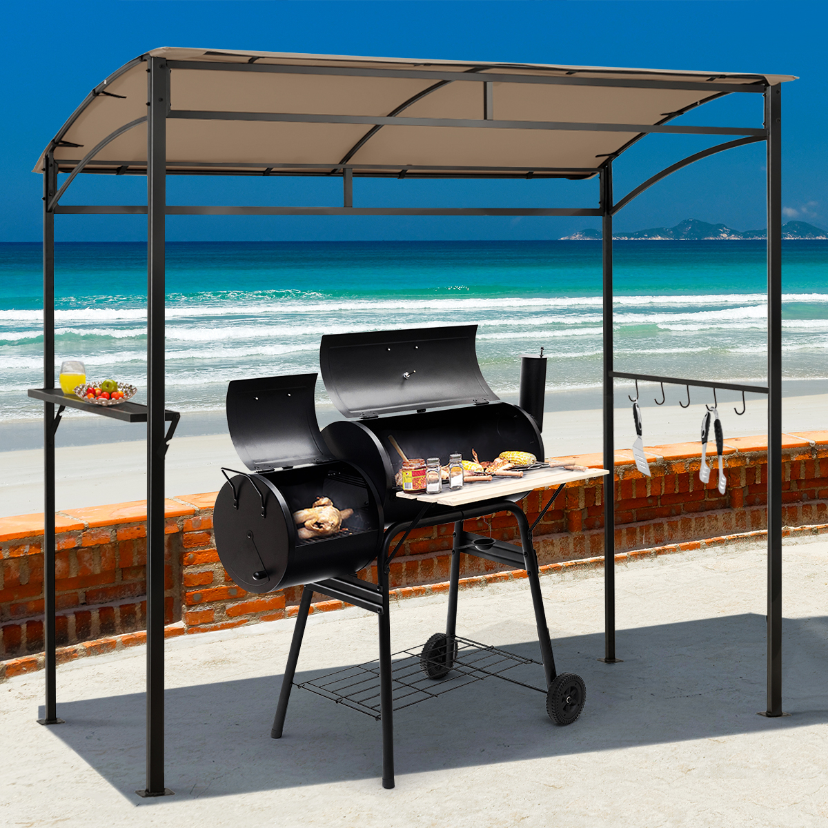 Grillpavillon Wetterfest Metallrahmen mit Regal & Haken 216 x 134 x 211 cm Braun