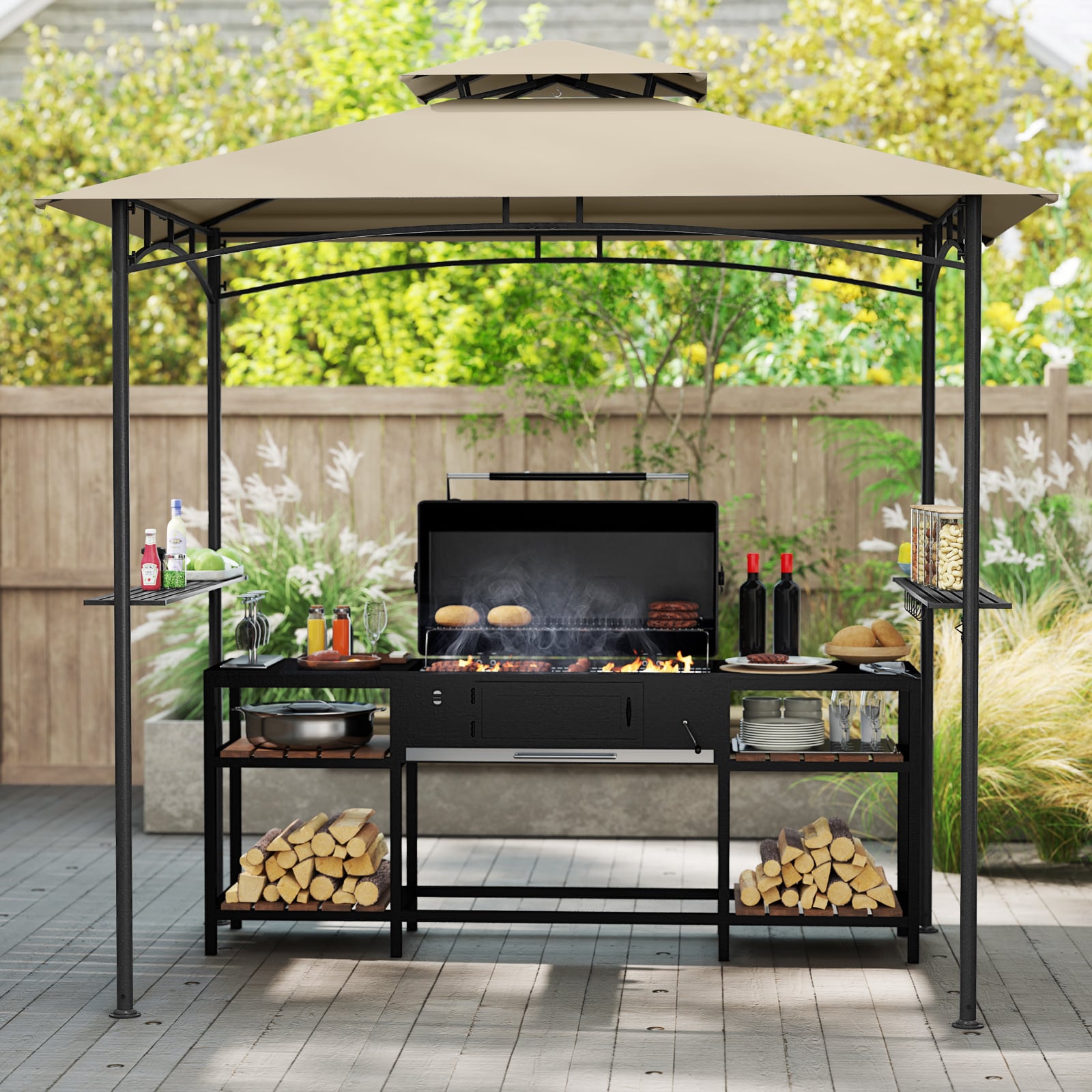 Grillpavillon mit Doppeldach & 2 Seitenregalen & 6 Haken Gartenpavillon BBQ Pavillon 242 x 150 cm Beige