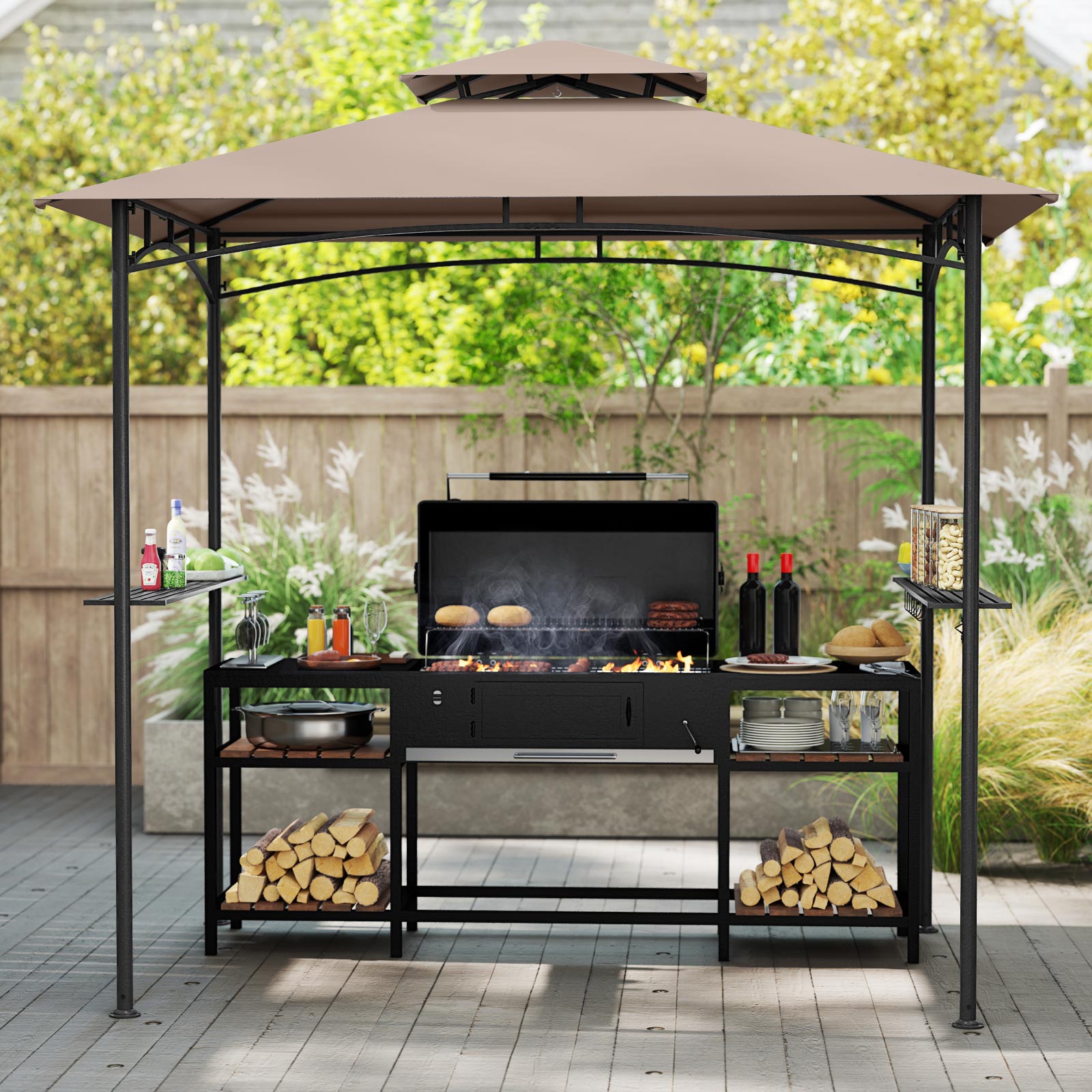 Grillpavillon mit Doppeldach & 2 Seitenregalen & 6 Haken Gartenpavillon BBQ Pavillon 242 x 150 cm Braun