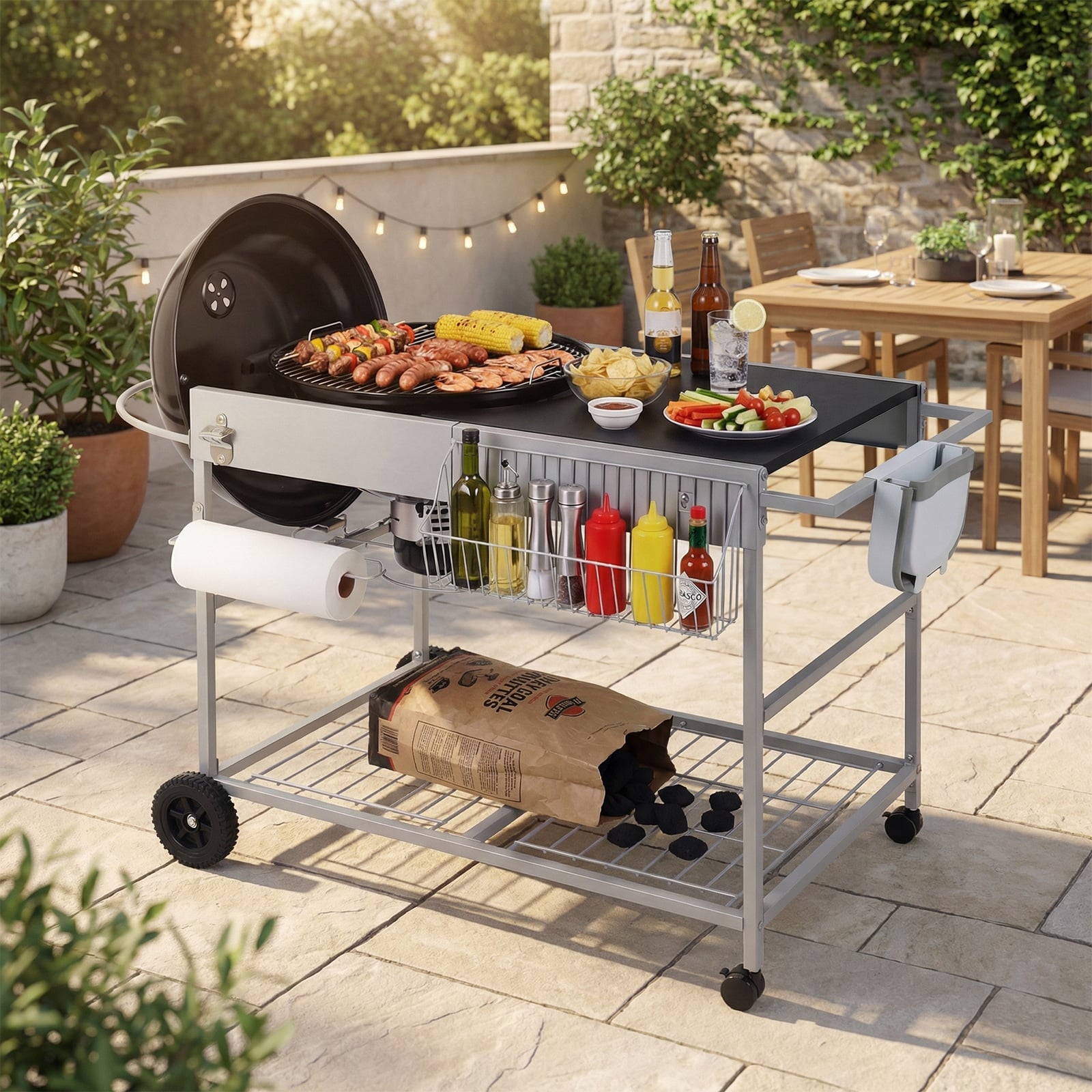 Grillwagen mit 4 Rollen & Großer Arbeitsplatte & Gewürzregal & Mülleimer Beistellwagen Grilltisch