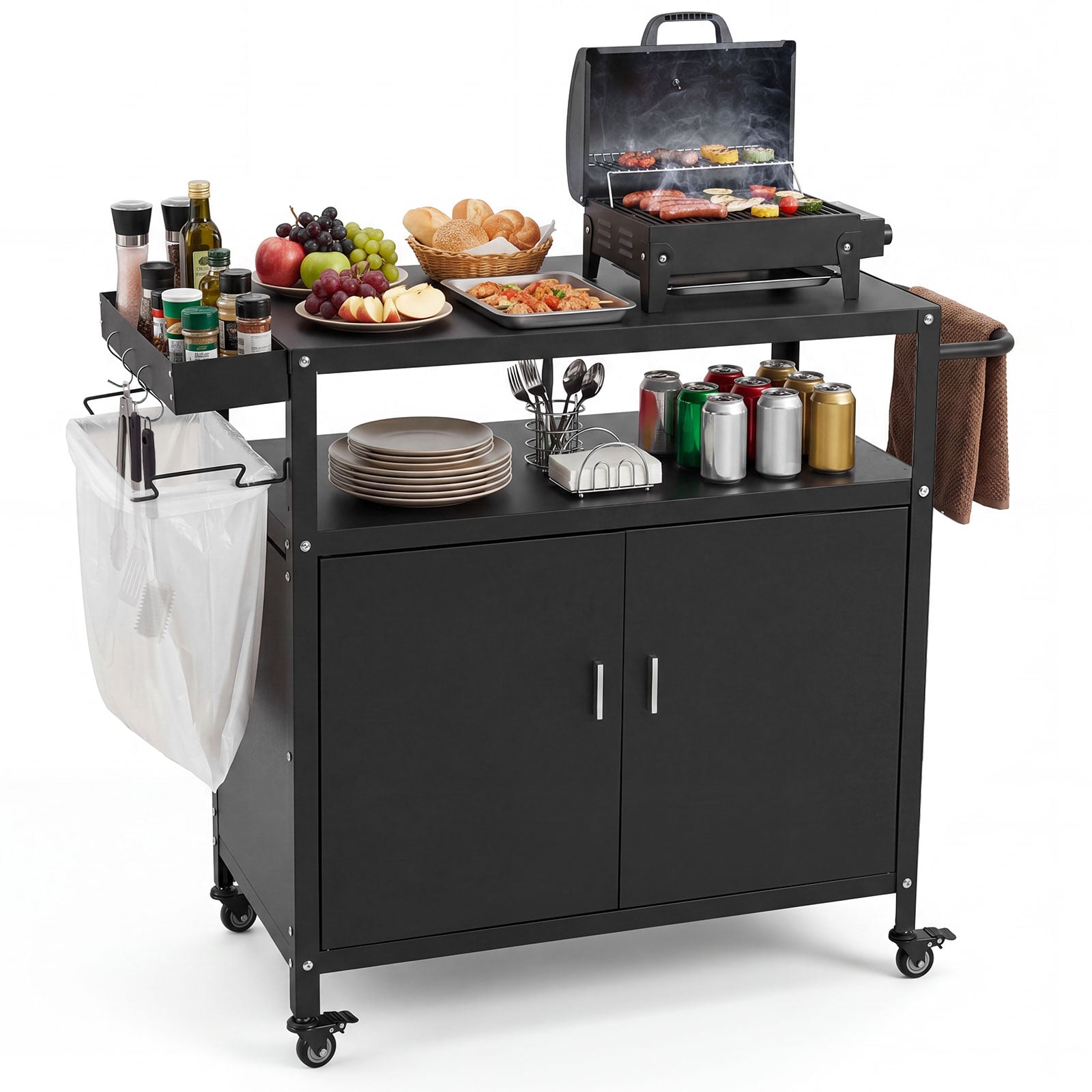 Grillwagen Outdoor Grilltisch mit Schrank & Große Tischplatte Grill Trolley mit Rollen & Seitengriff
