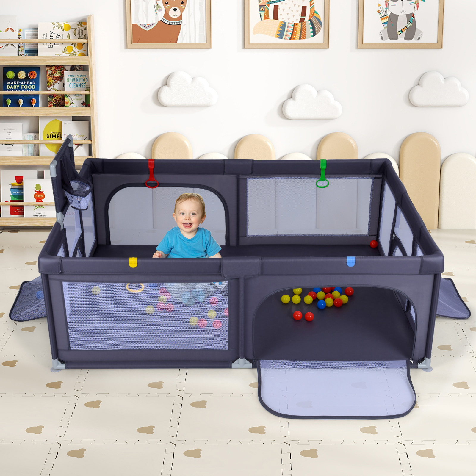 Großer Baby-Laufstall sicherer Spielbereich mit Basketballkorb & Fußballnetzen Greifringen Dunkelgrau