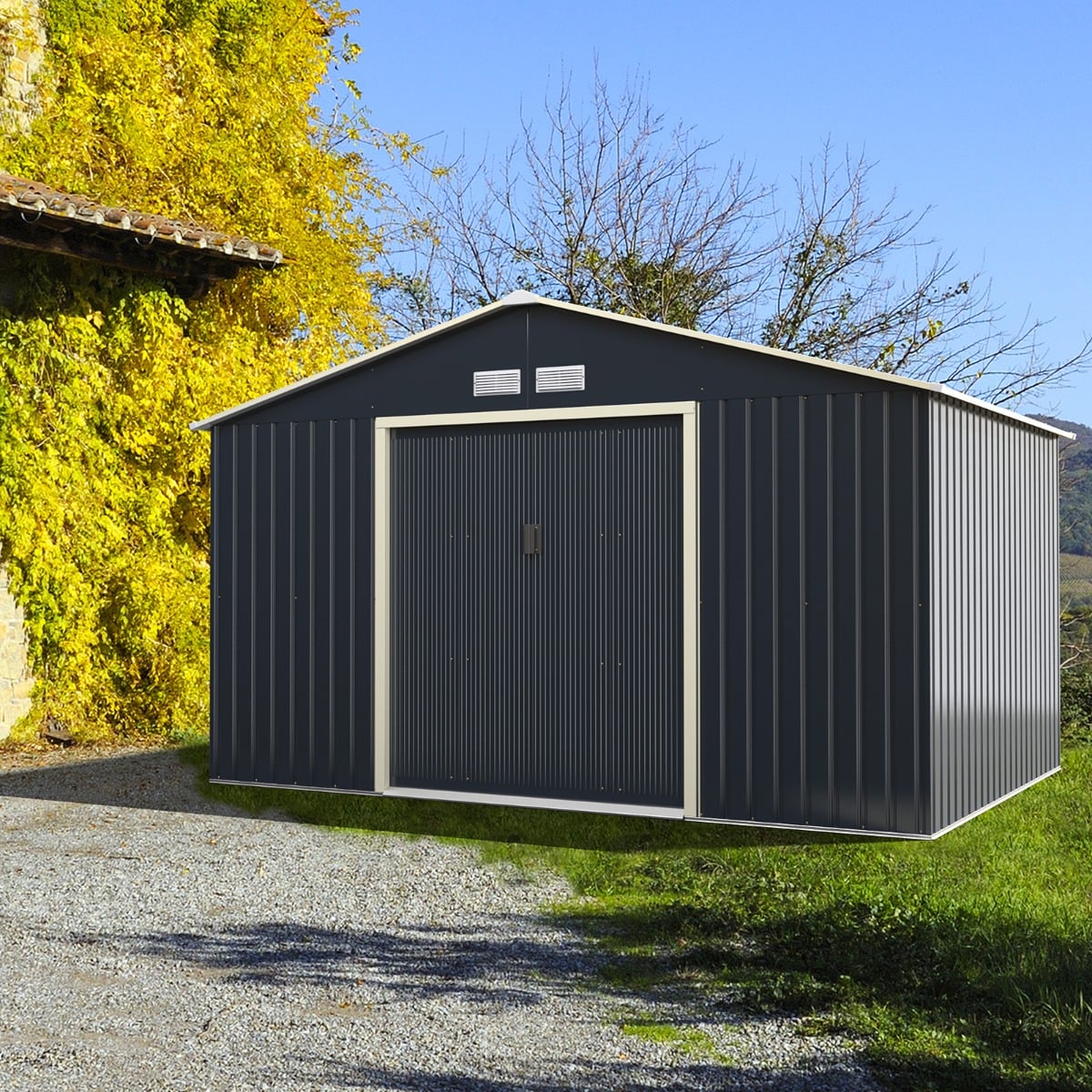 Metall Gerätehaus + 2 Erweitung Set Geräteschuppen mit 4 Luftschlitzen & Schiebetür Abschließbar Erweitert