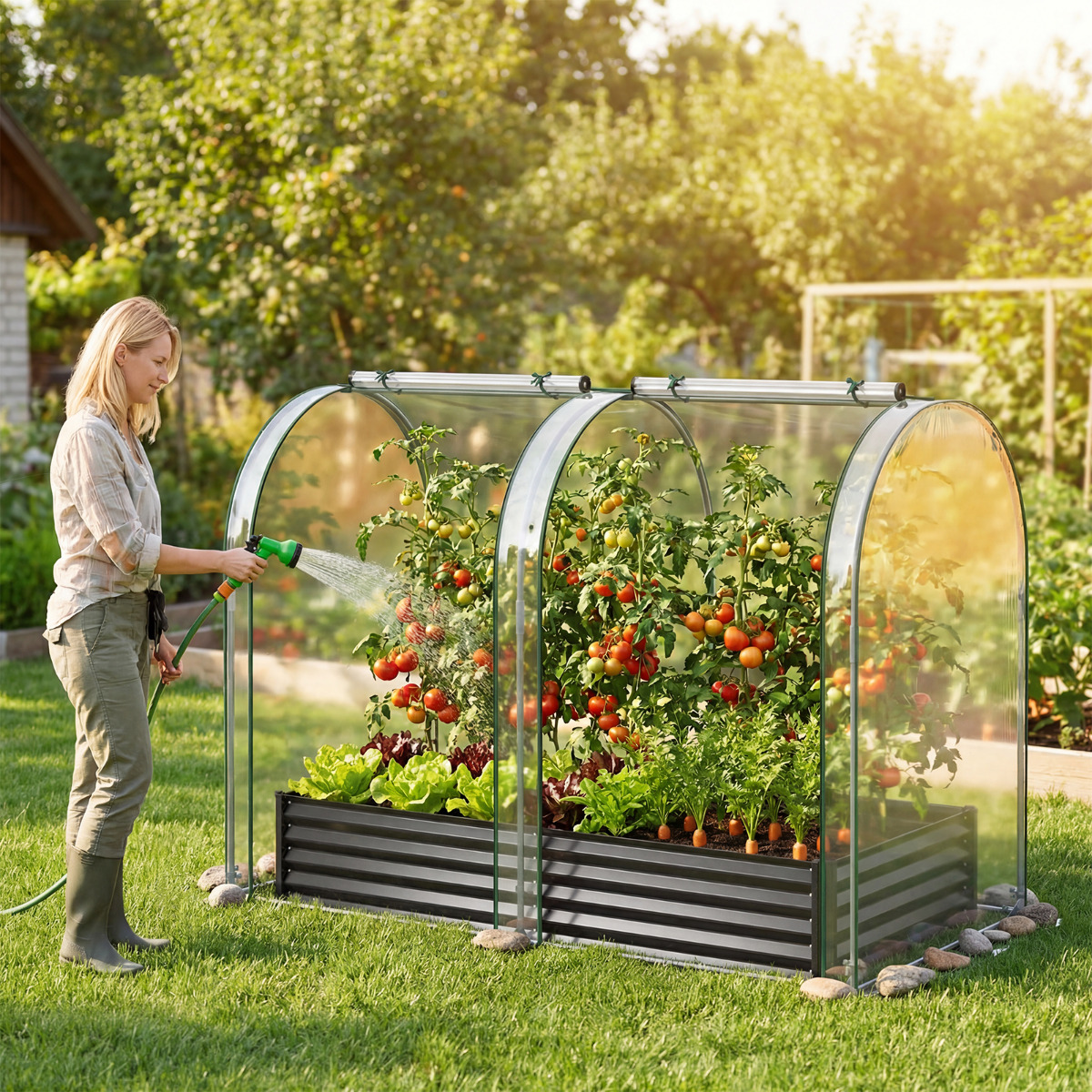3 in 1 Hochbeet mit Gewächshaus Metall Pflanzkasten mit PVC-Abdeckung & 2 Fenstern Frühbeet Schwarz