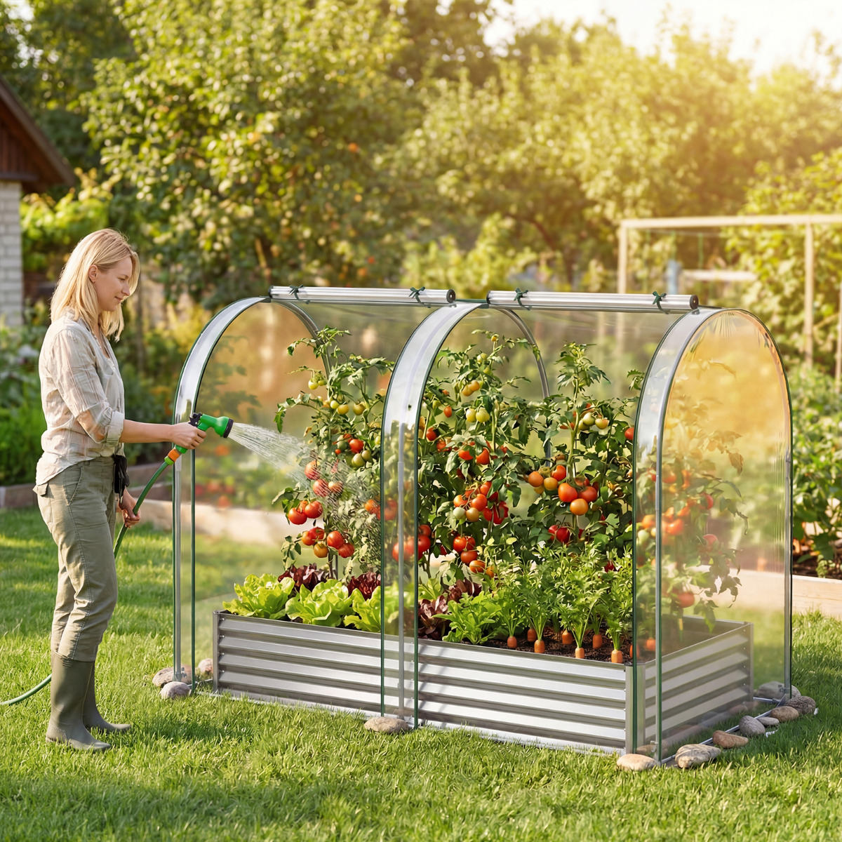 3 in 1 Hochbeet mit Gewächshaus Metall Pflanzkasten mit PVC-Abdeckung & 2 Fenstern Frühbeet Silber