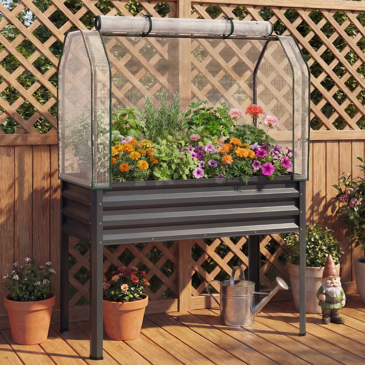 Hochbeet aus Verzinktem Metall mit PE-Abdeckung Erhöhtes Gartenbeet mit Rollbarer Tür & Befestigungsgurt Grau