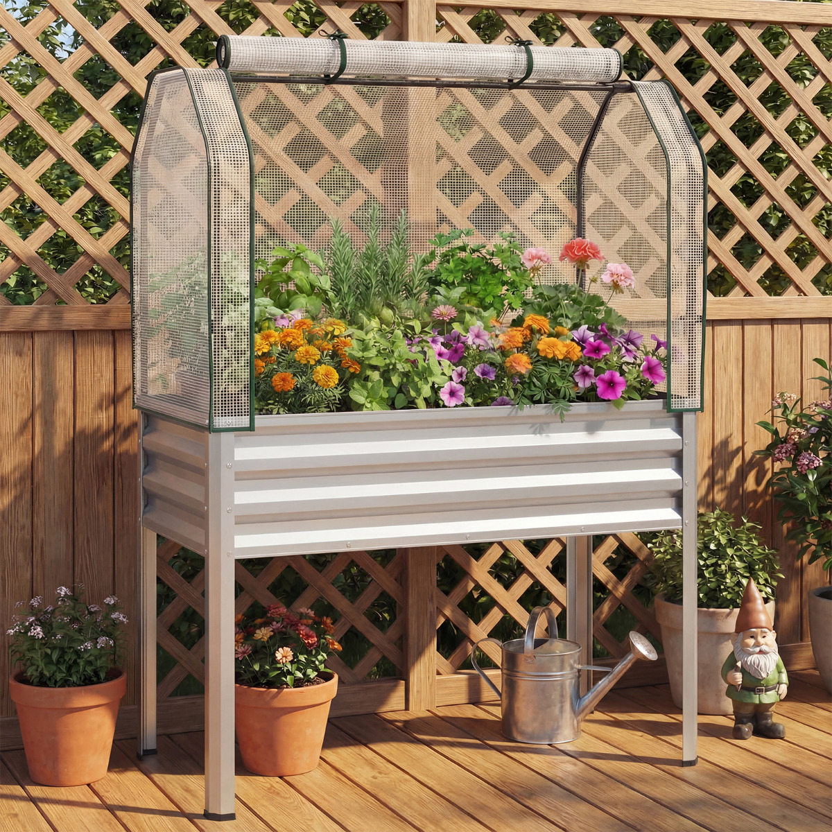 Hochbeet aus Verzinktem Metall mit PE-Abdeckung Erhöhtes Gartenbeet mit Rollbarer Tür & Befestigungsgurt Silber