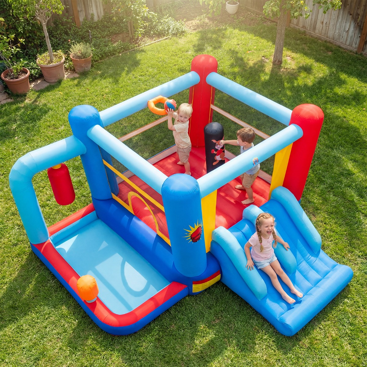 Hüpfburg mit Gebläse & Rutsche & Sprungbereich & Basketballkorb & Boxsäcken & Bällebad Bouncy Castle