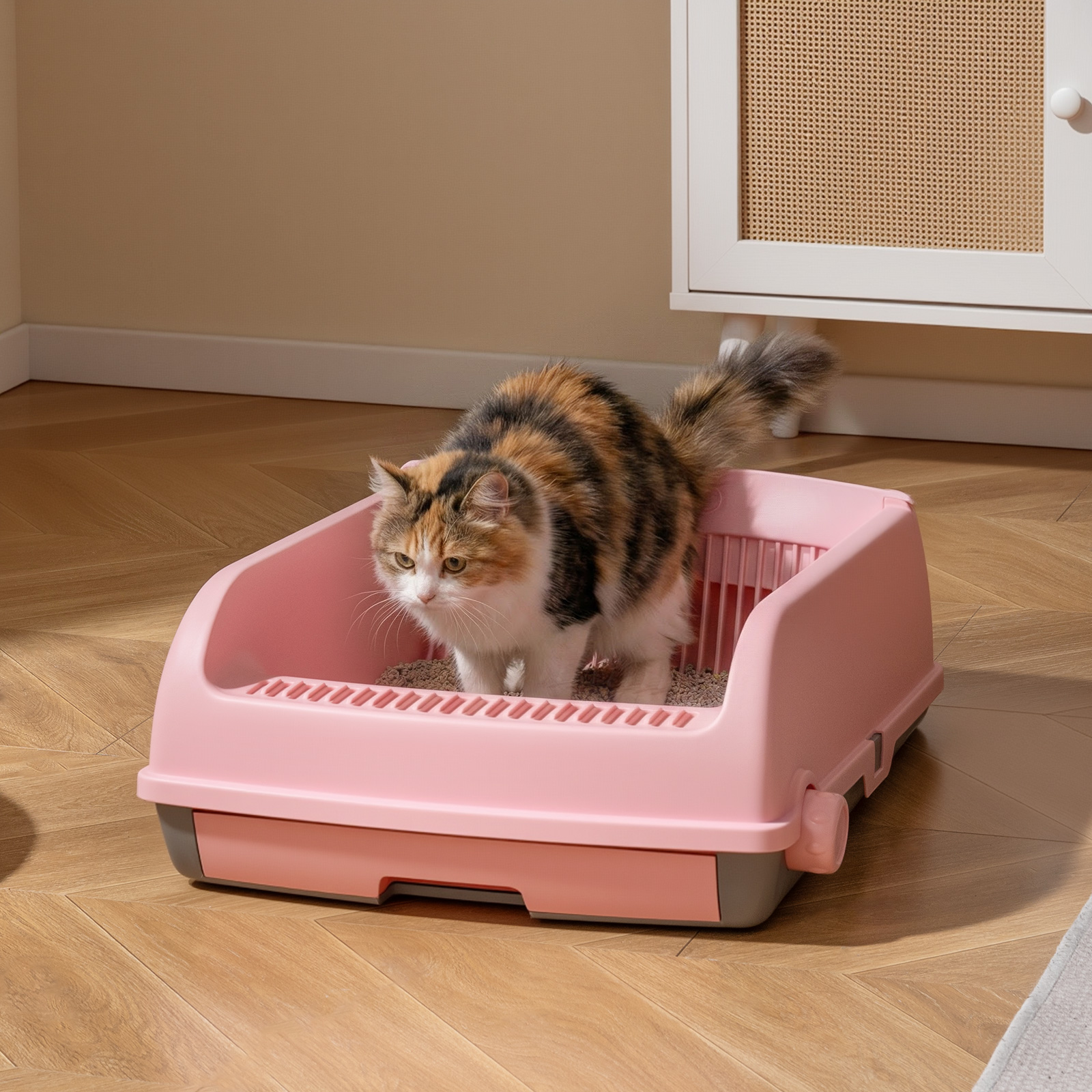 Halbautomatische Katzenstreu-Box mit offenem Deckel spritzgeschützte Katzentoilette Rosa