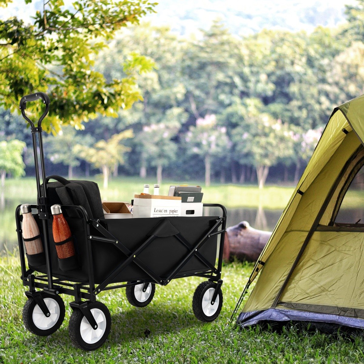 Faltbarer Bollerwagen mit Verstellbarem Griff & Getränkehaltern bis 68 kg Belastbar für Einkaufen Camping Schwarz