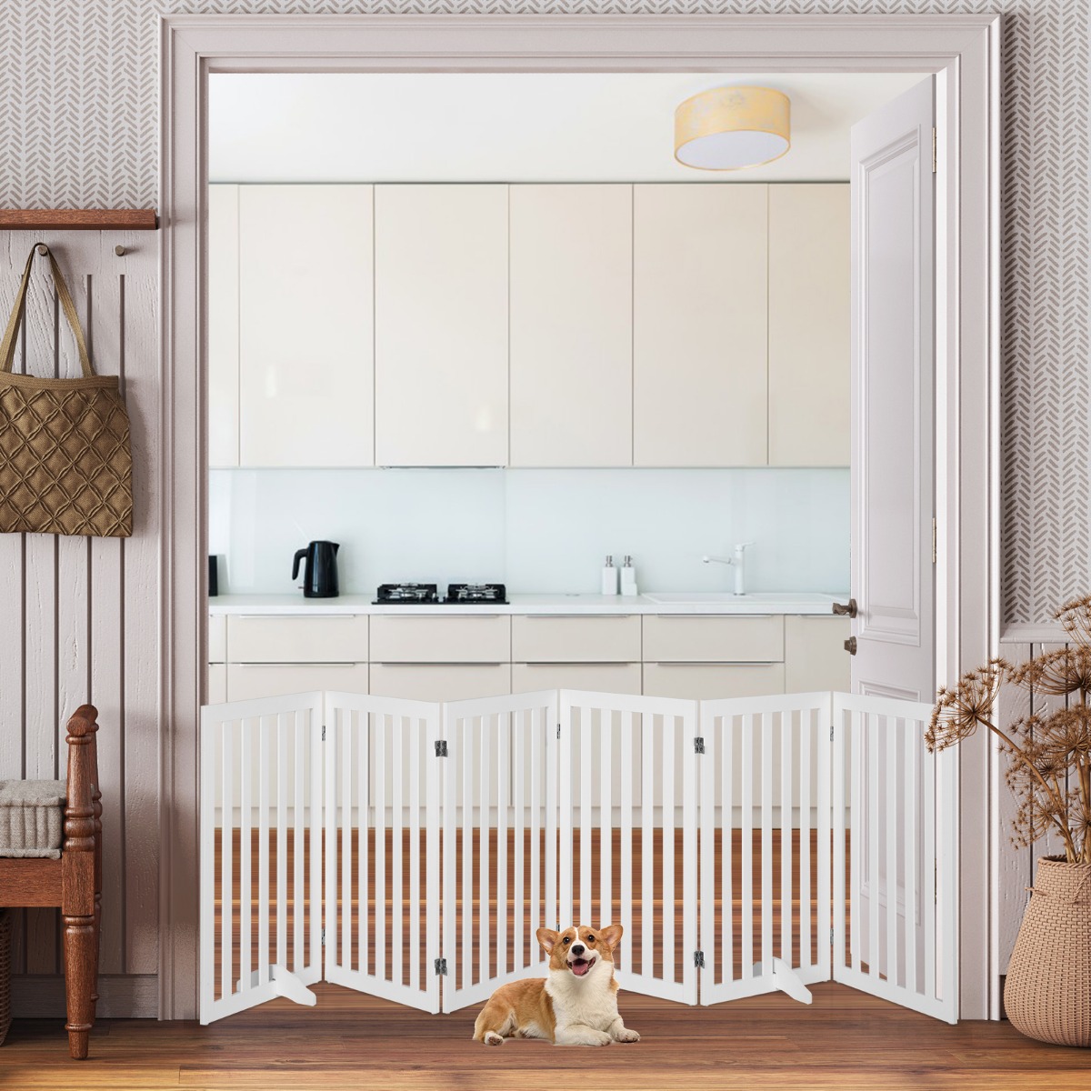 Absperrgitter Hunde 89cm Hoch 4 Paneelen Schutzgitter Holz Kklappbar Weiß (6 Paneelen)