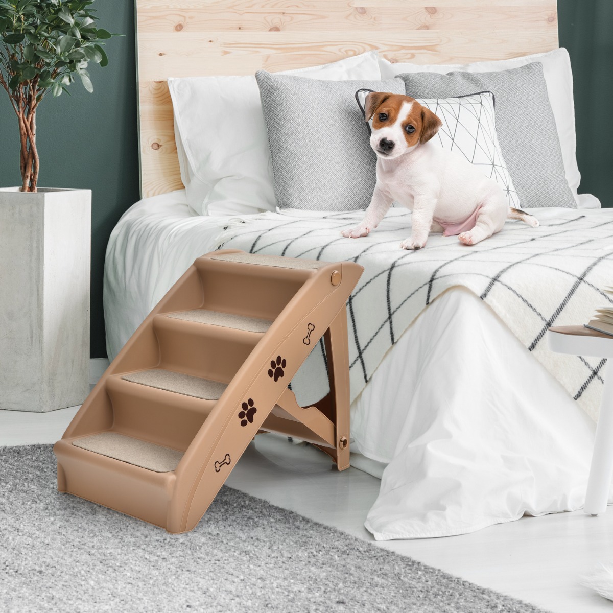 Haustiertreppe mit 4 Stufen Tragbare Kletterleiter Sichere Hunderampe 62,5 x 38 x 49 cm Braun