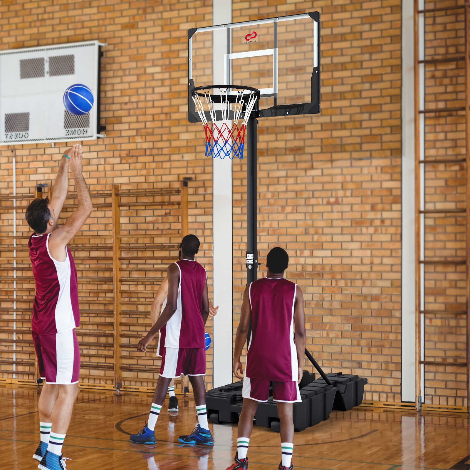Höhenverstellbarer Basketballkorb mit Ständer & 2 Rädern Mobiles Korbsystem mit Ballaufbewahrung