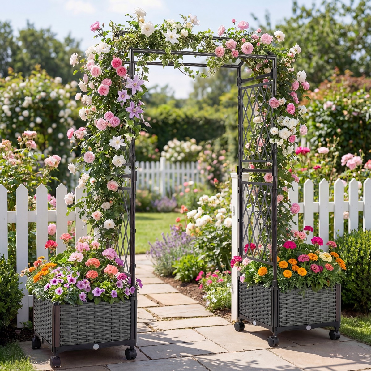 Blumenkasten mit Rankgitter & hängendem Dach Hochbeet auf abschließbaren Rollen Grau 154 x 40 x 162 cm