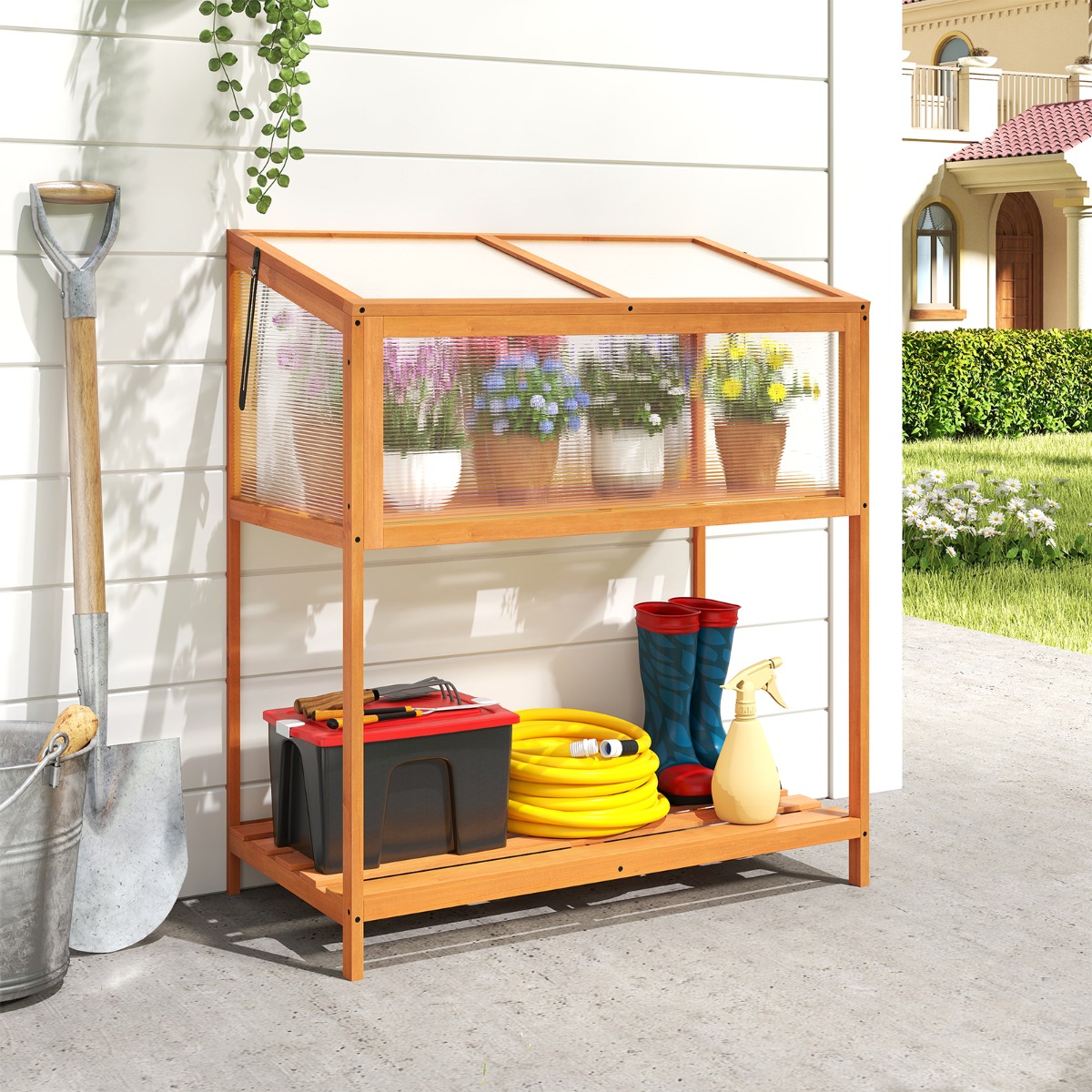 Hochbeet aus Holz Frühbeetaufsatz mit transparentem & aufklappbarem Dach Gewächshaus Orange 90 x 50,5 x 105 cm