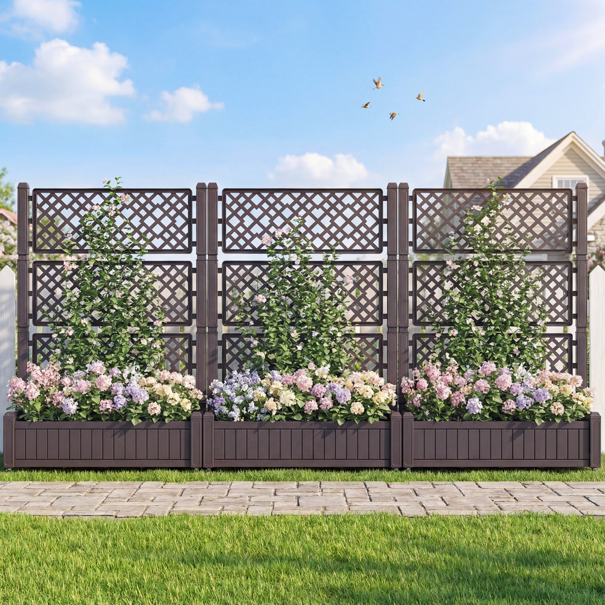 Blumenkasten mit Rankgitter & Rollen Hochbeet mit Spalier & Abflusslöchern Pflanzkasten Braun