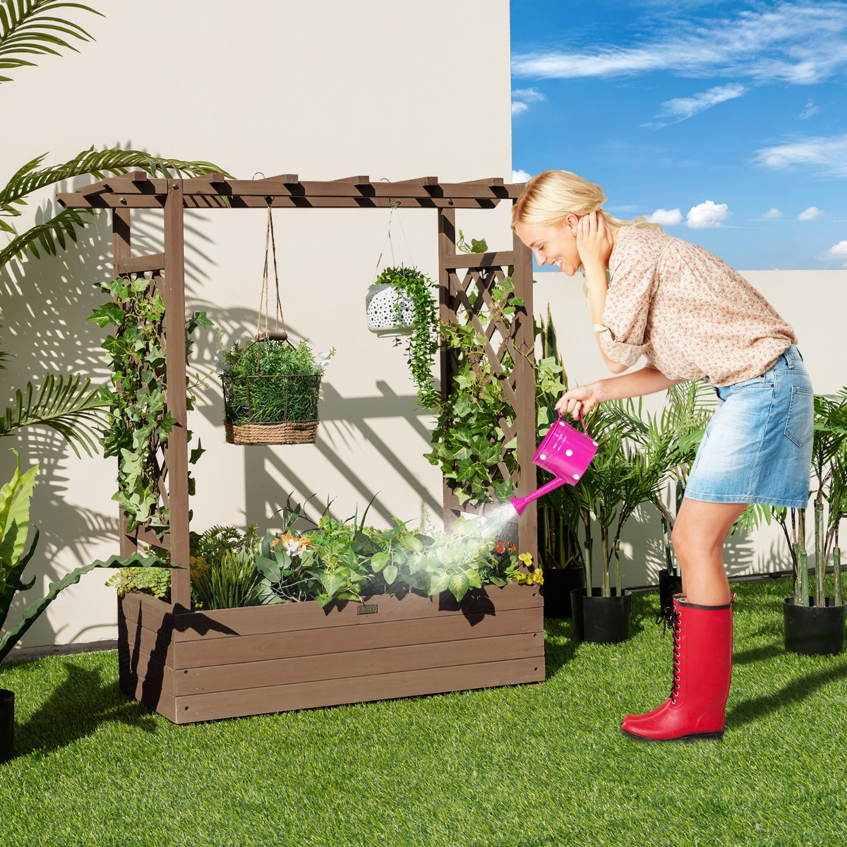 Hochbeet mit Rankgitter & Hängendem Dach Pflanzkasten Blumenkasten für Kletterpflanzen Braun