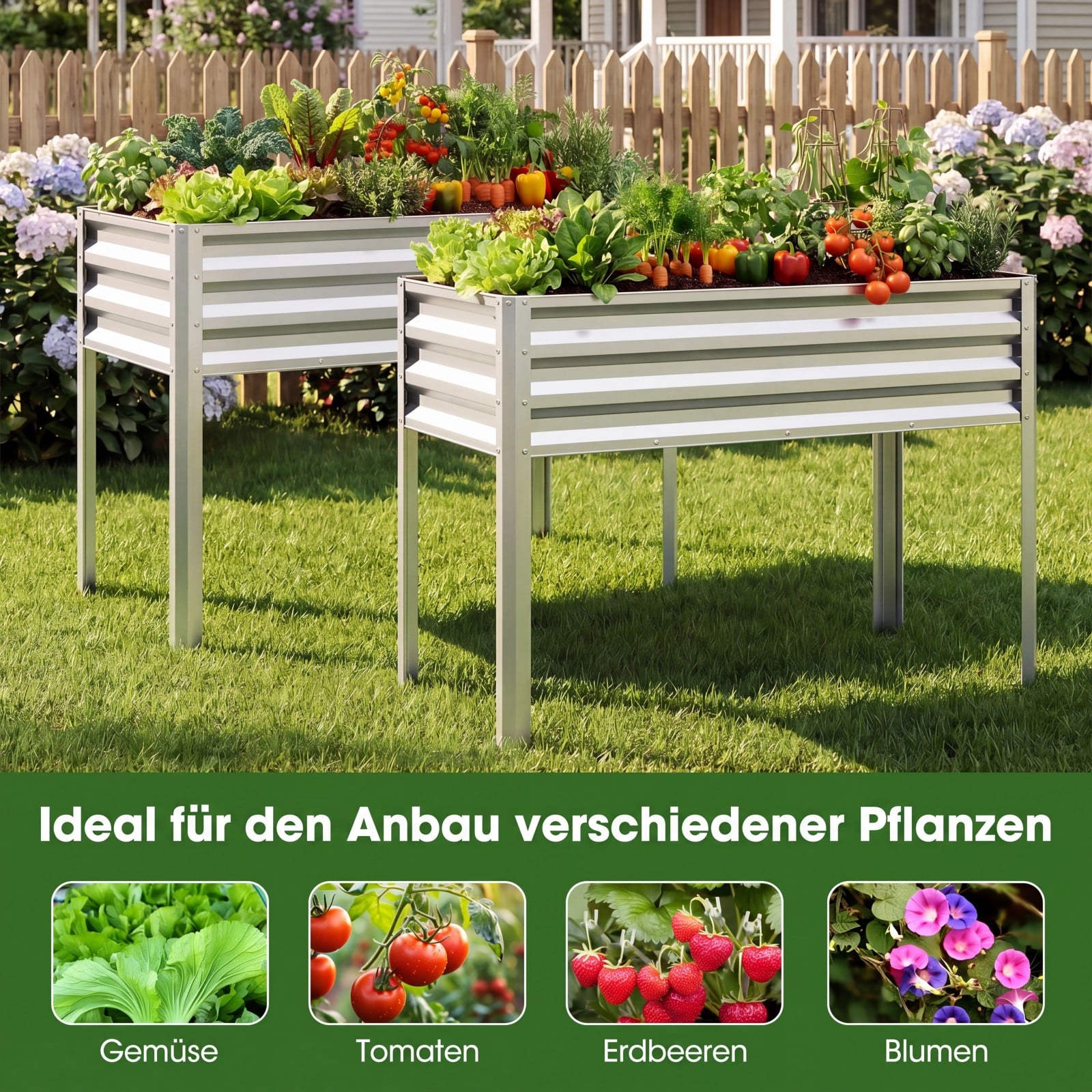 Hochbeet mit Beinen aus Metall Erhöhtes Gartenbeet Stabiler Pflanzkasten für Balkon Terrasse & Garten Silber