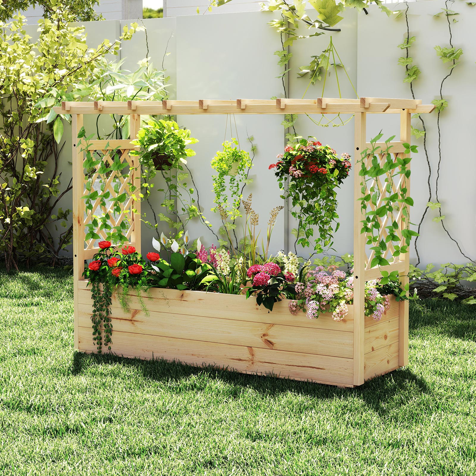 Hochbeet mit Rankgitter & hängendem Dach Pflanzkasten mit Rankhilfe & Abflusslöchern Blumenkasten Natur 150 x 50 x 104 cm