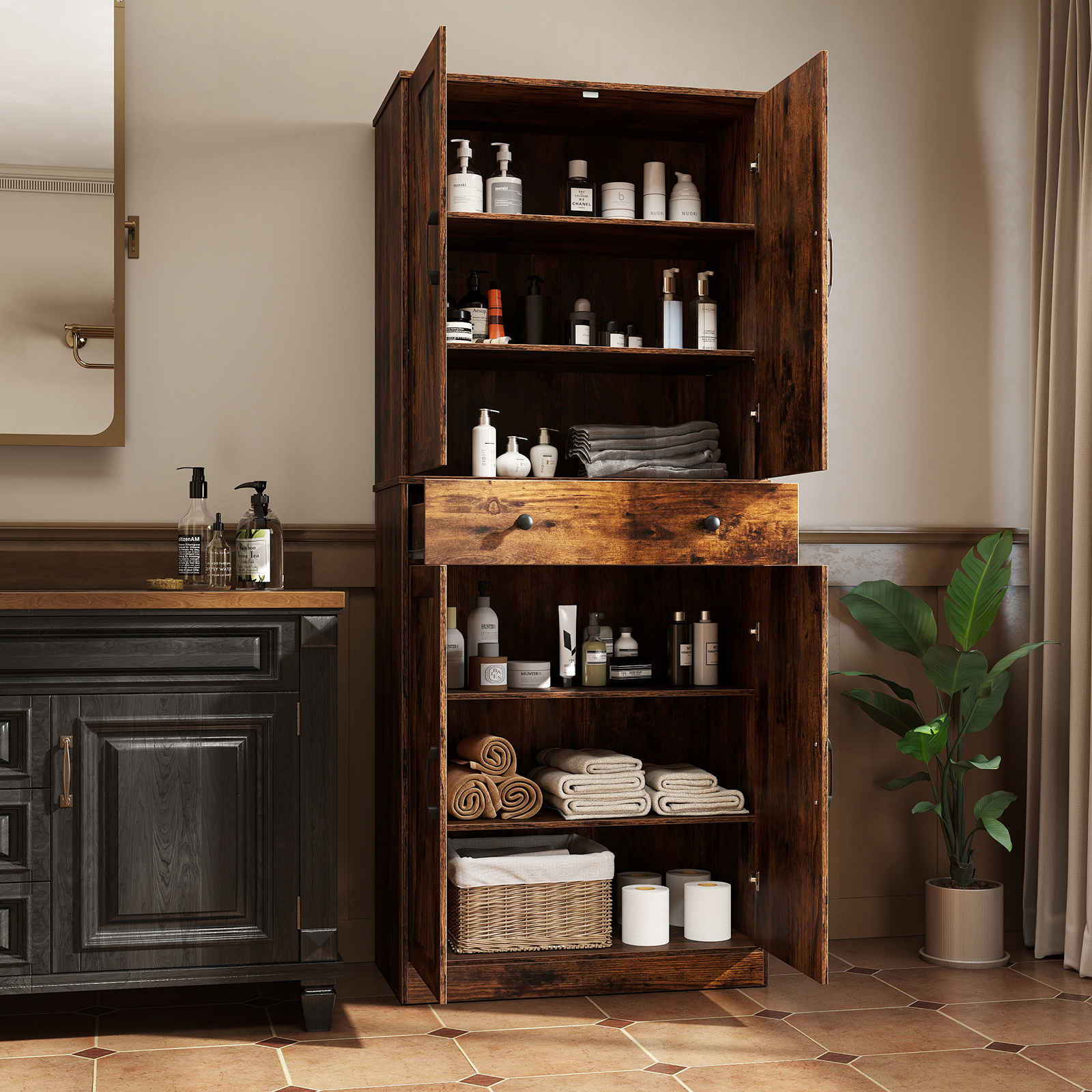 Hoch Küchenschrank mit 4 Türen & Schublade & 3 Verstellbaren Regalen Vorratsschrank Braun