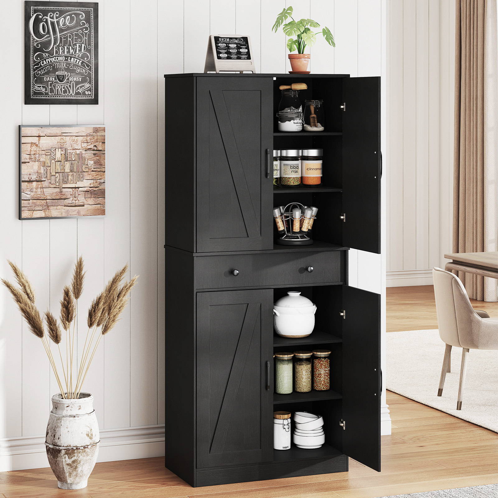 Hoch Küchenschrank mit 4 Türen & Schublade & 3 Verstellbaren Regalen Vorratsschrank Schwarz