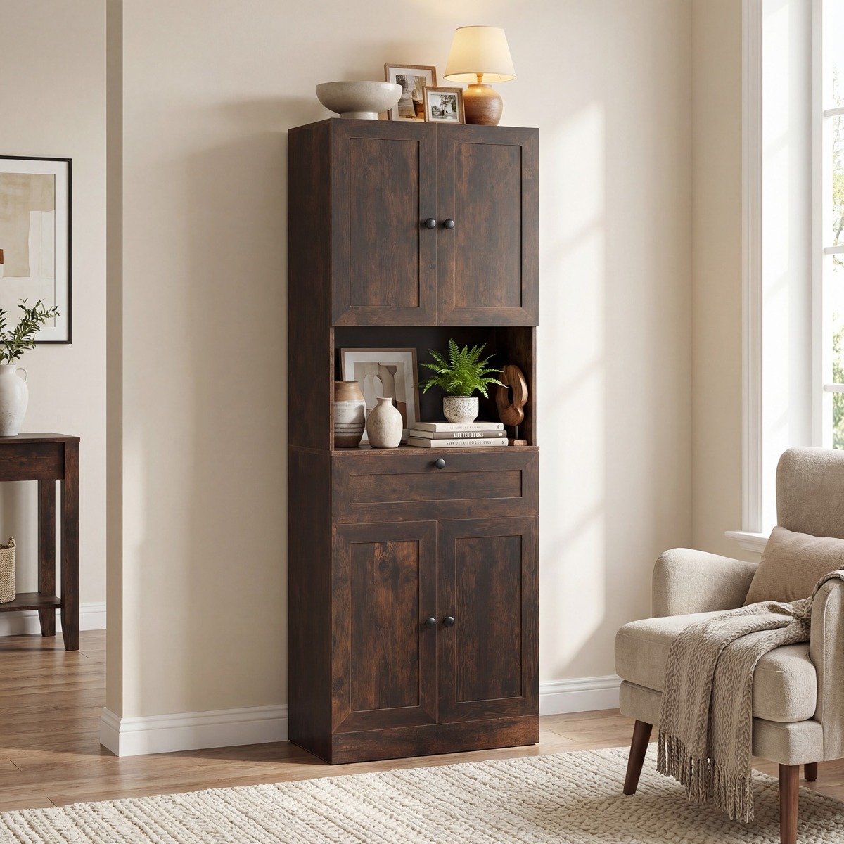 Hochschrank mit 4 Türen & 1 Schublade & Offenes Fach & 3-Fach Verstellbares Regal Dunkelbraun