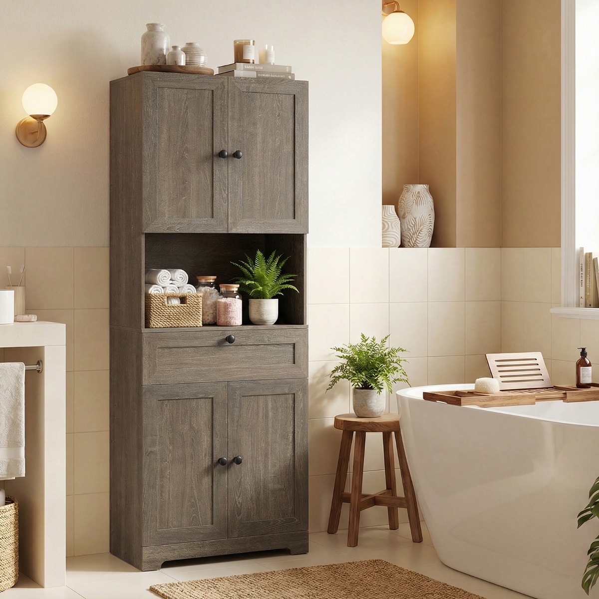 Hochschrank mit 4 Türen & 1 Schublade & Offenes Fach & 3-Fach Verstellbares Regal Grau