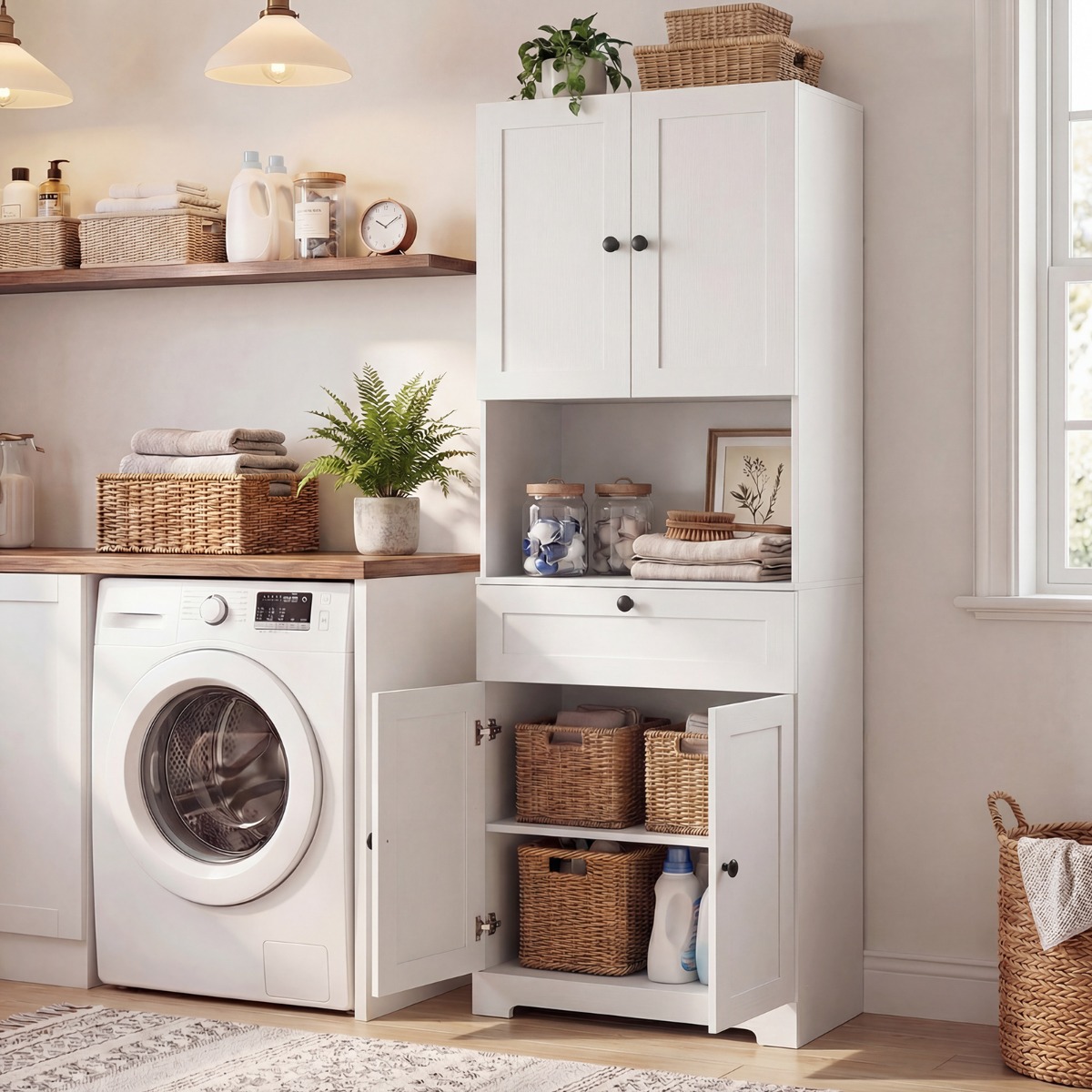 Hochschrank mit 4 Türen & 1 Schublade & Offenes Fach & 3-Fach Verstellbares Regal Weiß