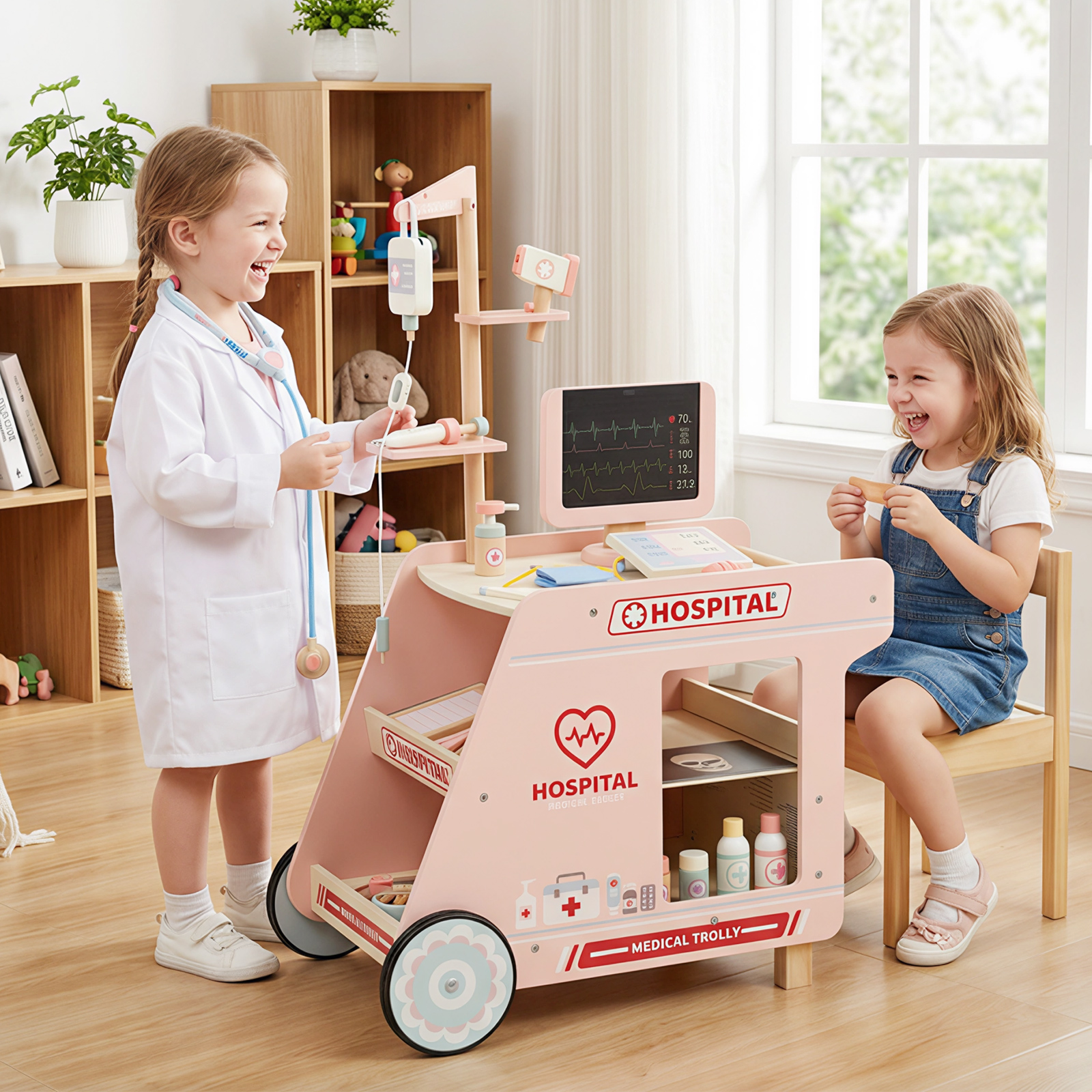 Holz Arztwagen zum Rollenspiel mit Wagen & CT-Maschine & Stethoskop Kinder Ärztespielset Rosa