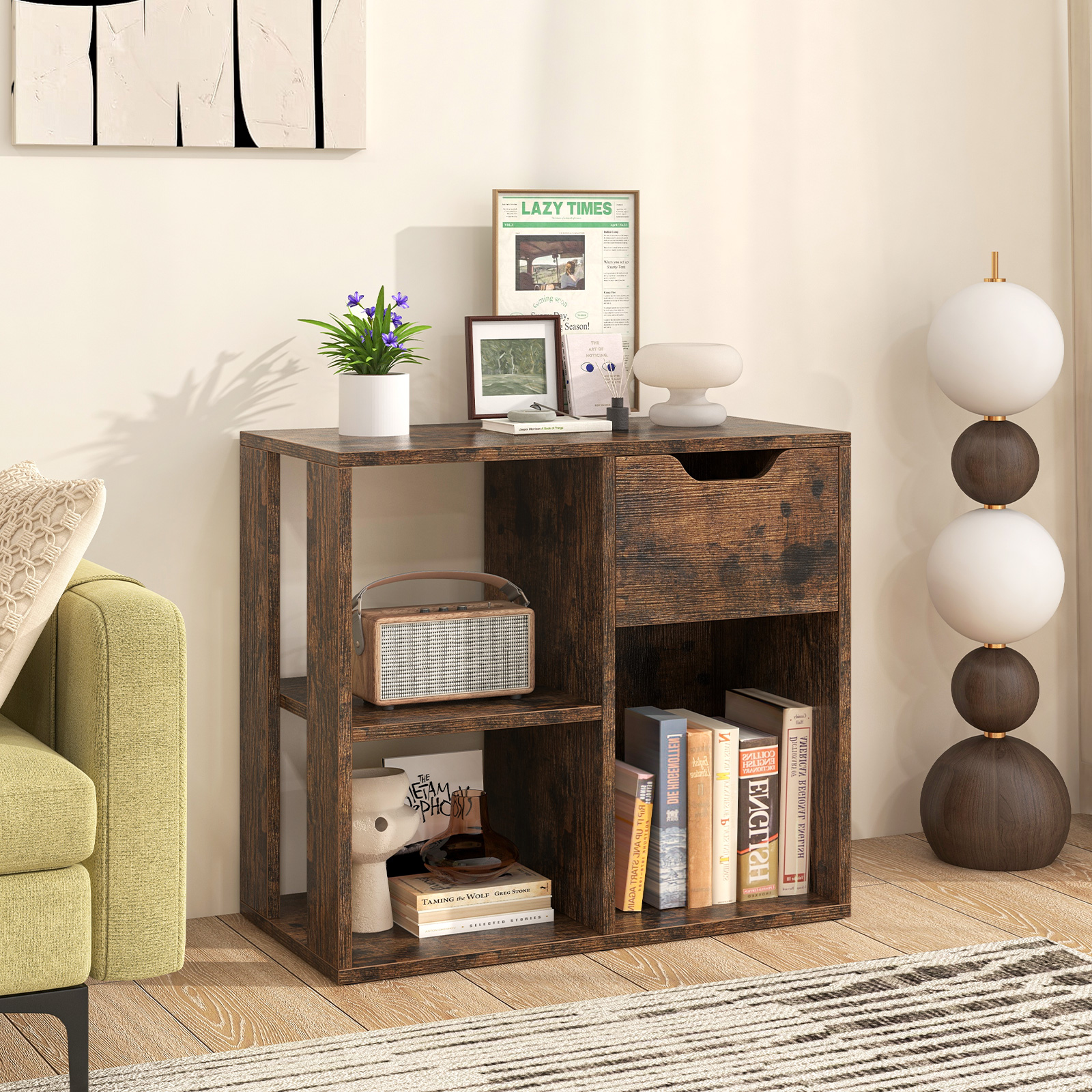 Holz Bücherregal mit Schublade & 3 Fächern Würfelregal Büroregal Raumteiler Standregal Braun