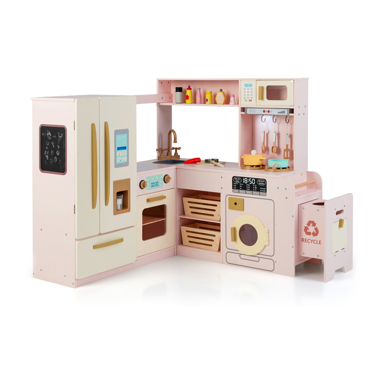 Kinderküche inkl. 22 Zubehör Eck-Spielküche mit Licht & Sound Spielzeugküche Rosa