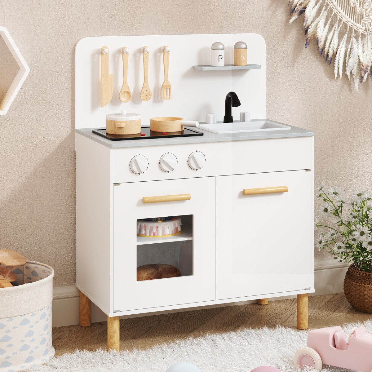 Holz Kinderküche mit 10 Zubehör Spielküche mit Licht & Sound Spielzeugküche für Kinder ab 2 Jahren