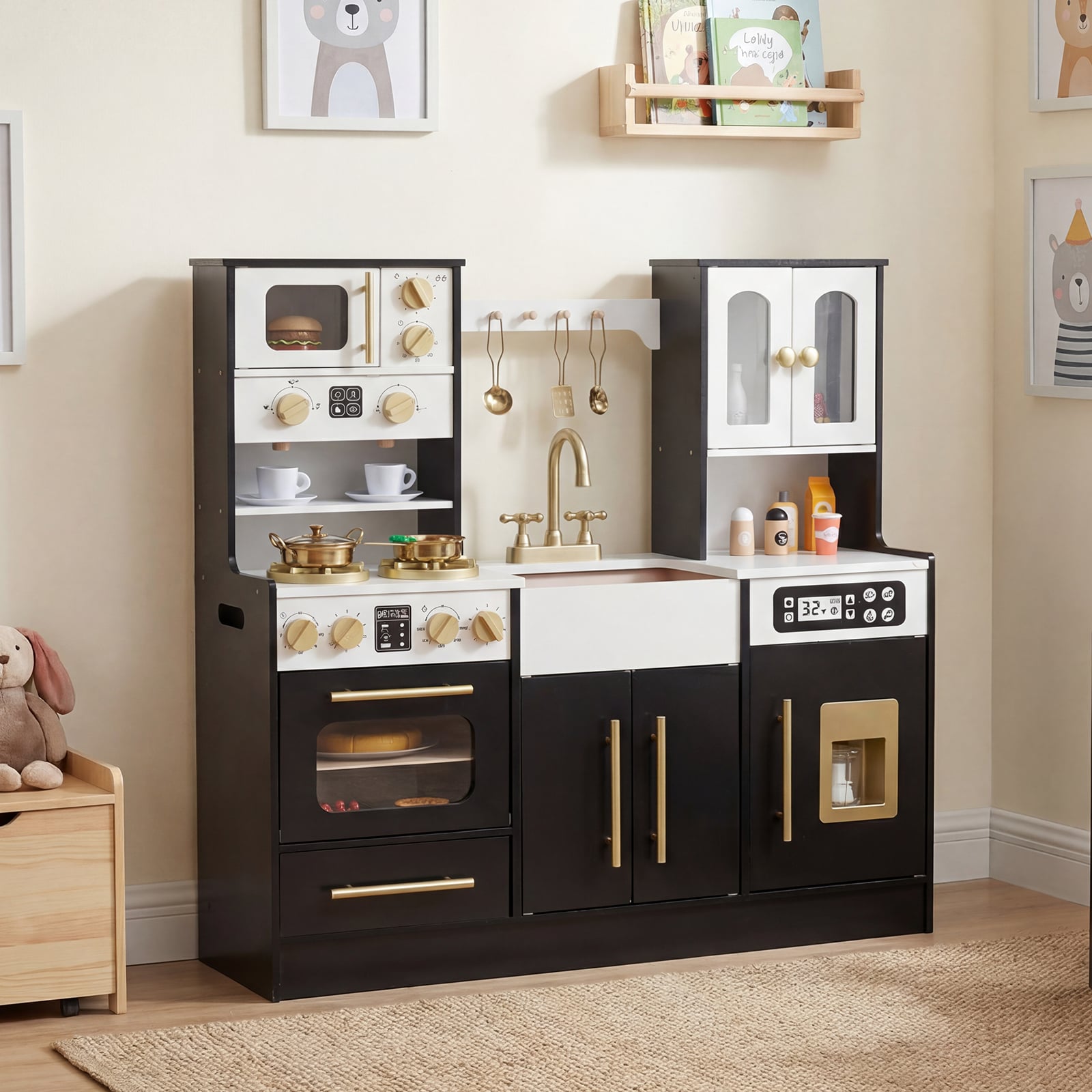 Holz Kinderküche mit Herd & Spüle Holzküche mit Licht & Sound Spielküche inkl. Zubehör Schwarz