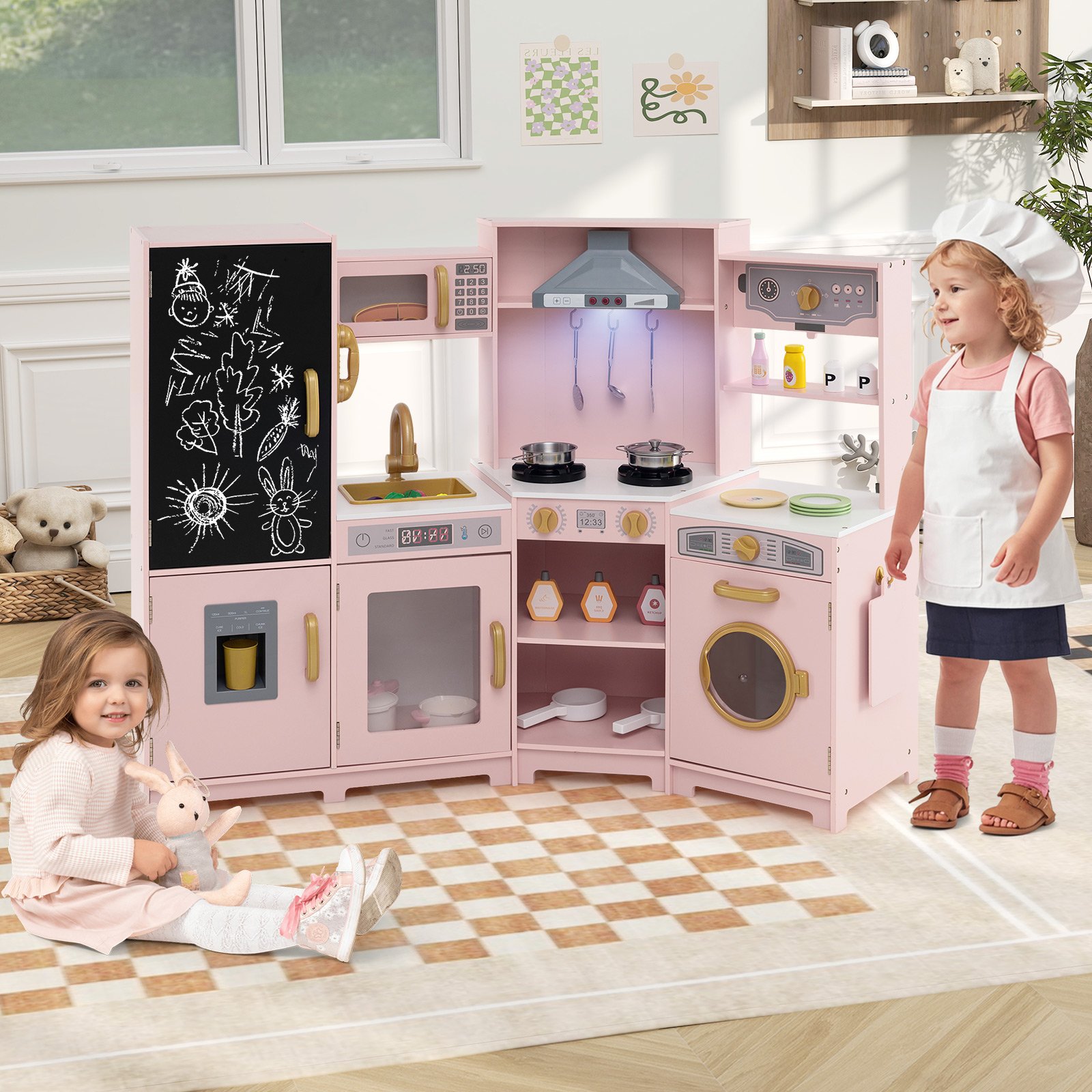 Holz Kinderküche mit Licht & Sound Eck Spielküche mit Tafel & Mikrowell & Spüle Holzküche Rosa