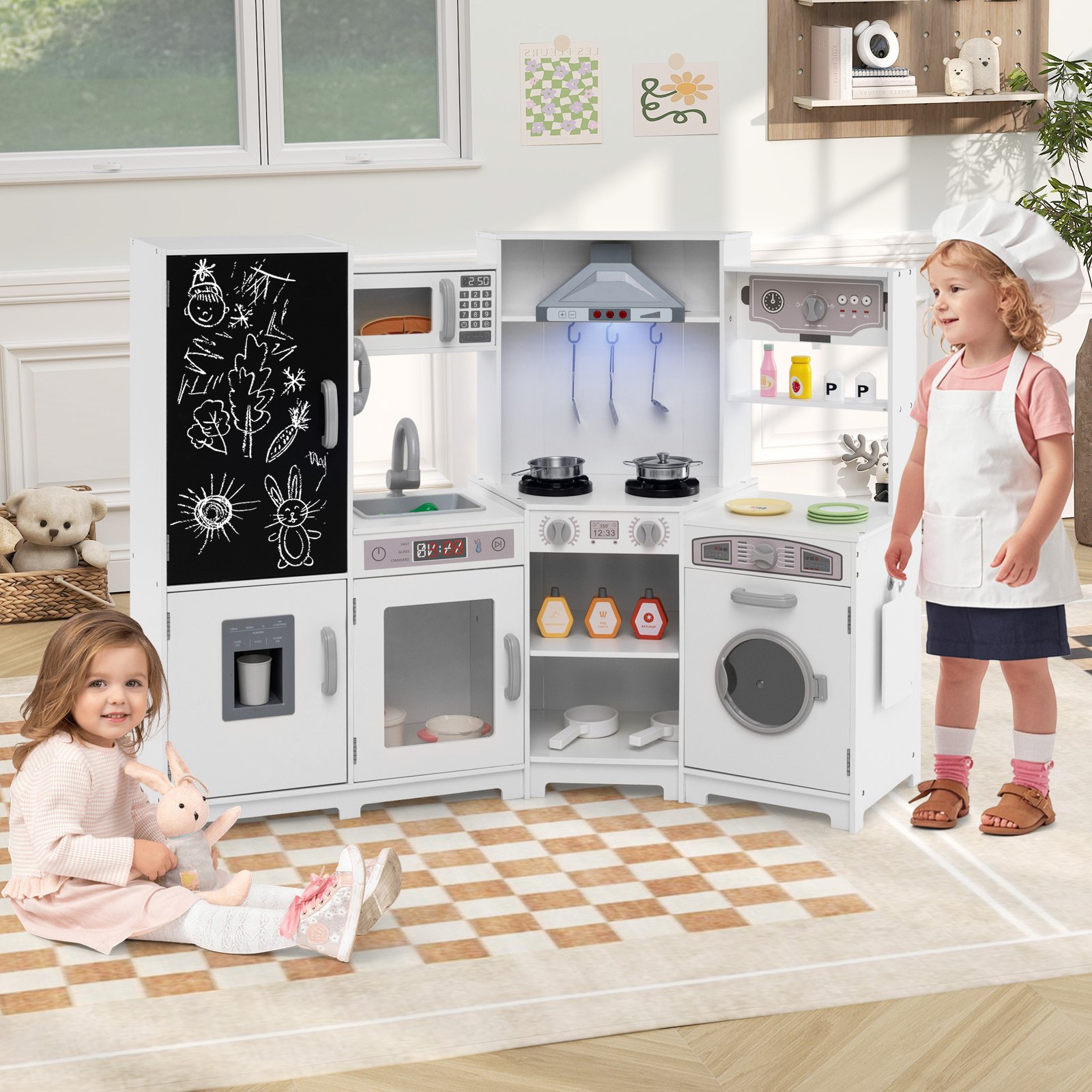 Holz Kinderküche mit Licht & Sound Eck Spielküche mit Tafel & Mikrowell & Spüle Holzküche Weiß