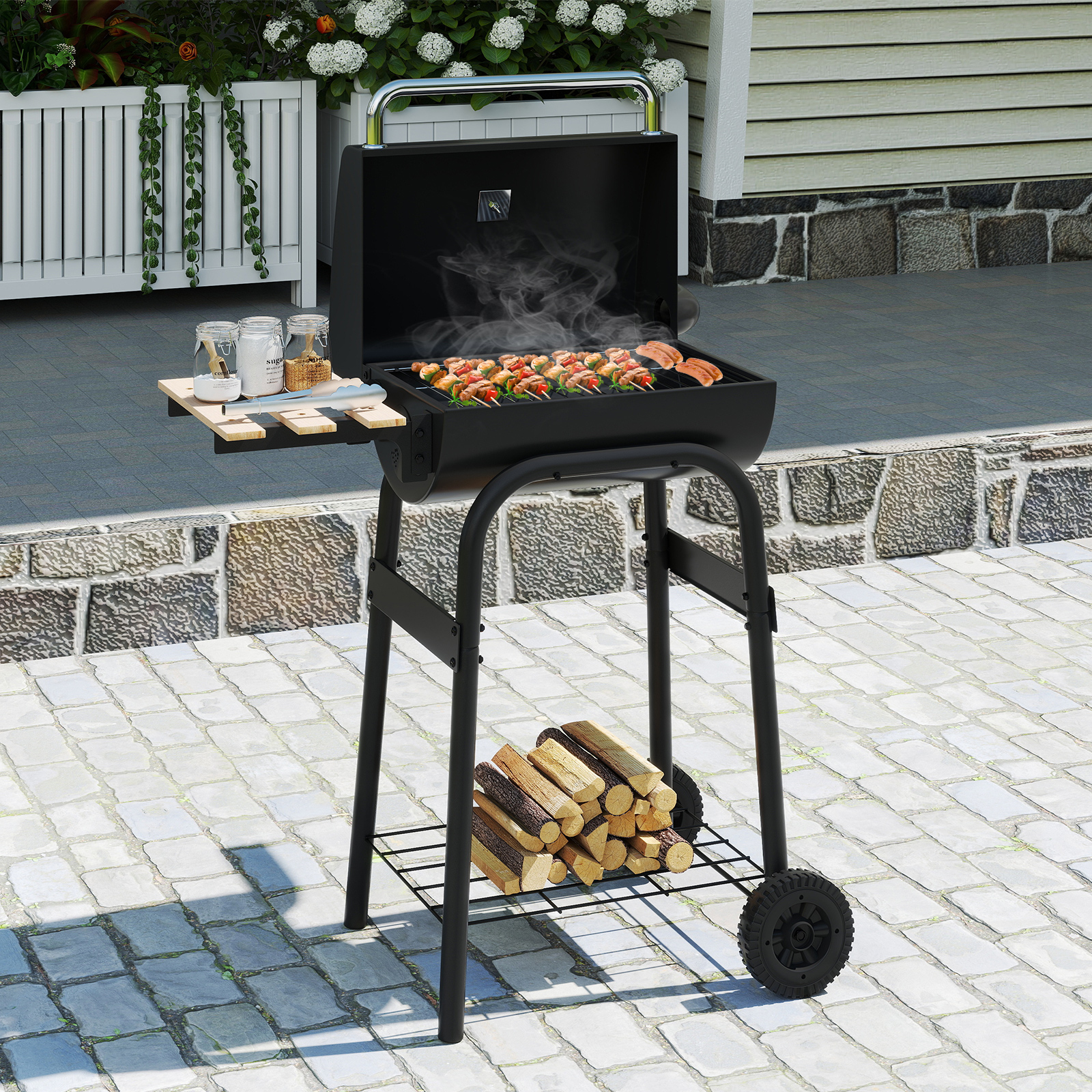 Holzkohlegrill mit Klappbarem Seitentisch & Thermostat Grillwagen Outdoor BBQ Grill