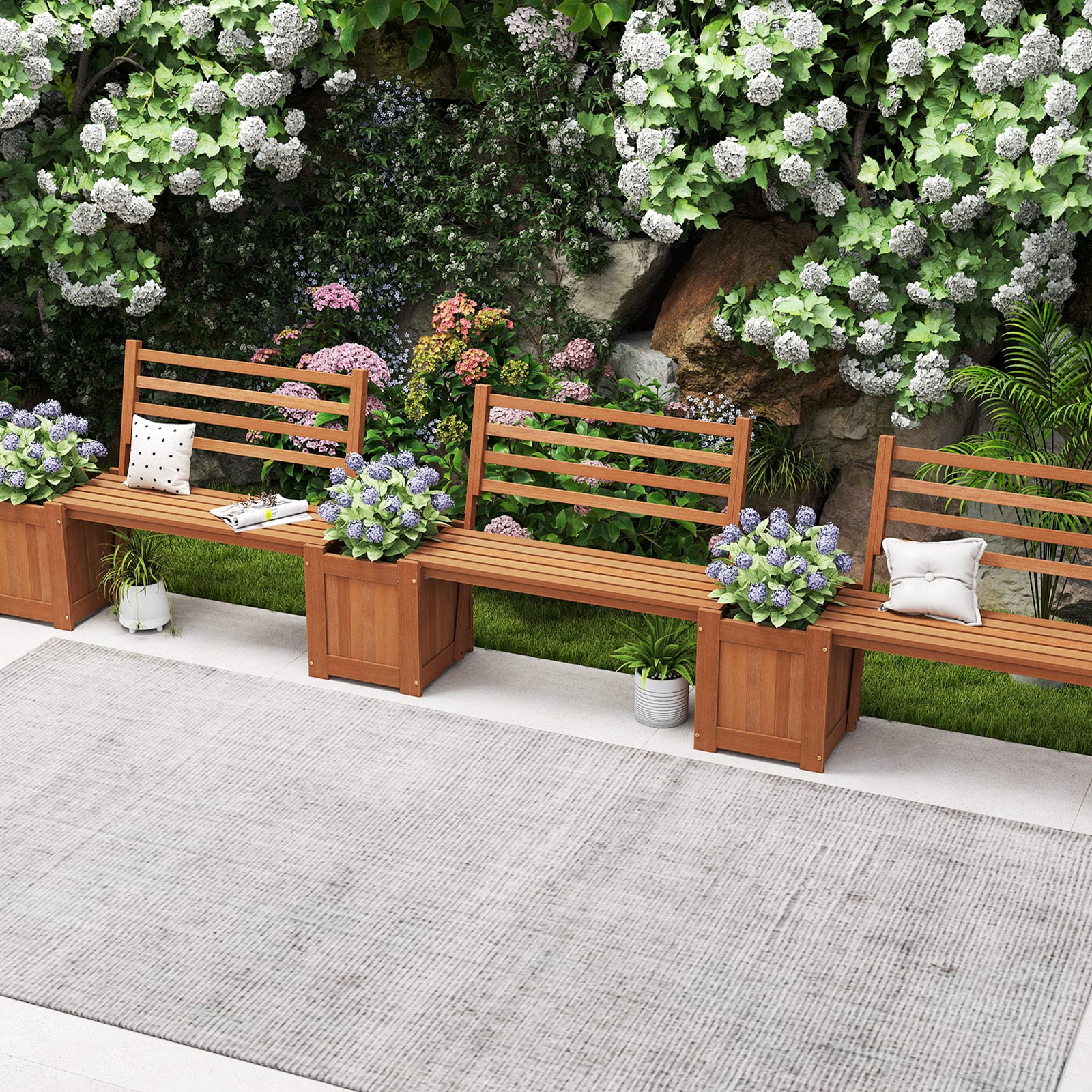 Holz Outdoor Pflanzkasten mit Bank Gartensitz mit 2 Blumenkästen & Rückenlehne Natur