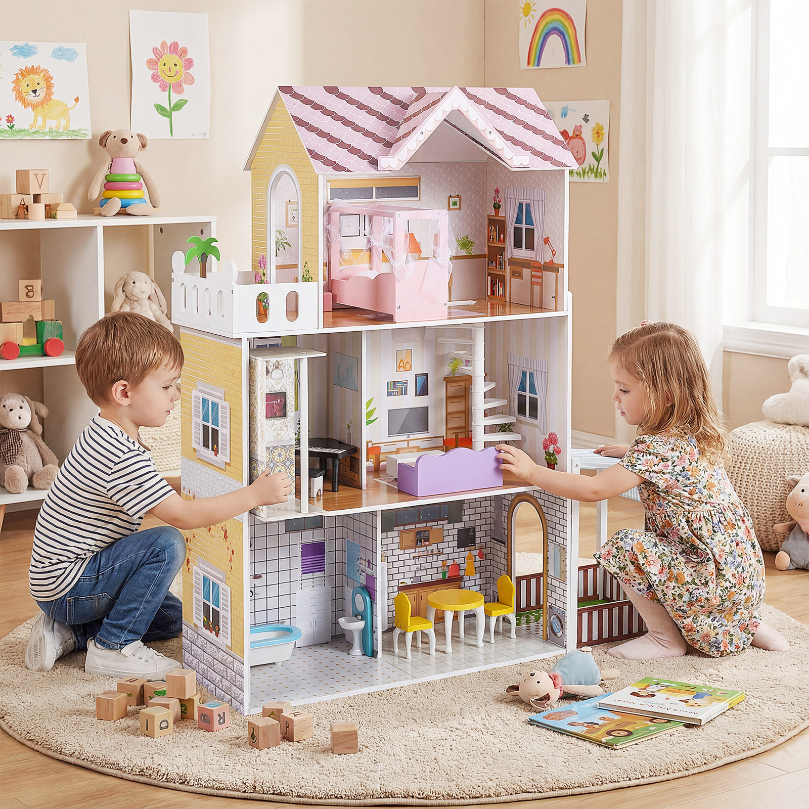 Holz Puppenhaus für Kinder 3-stöckiges DIY modernes Familien-Puppenhaus zum Rollenspiel Rosa