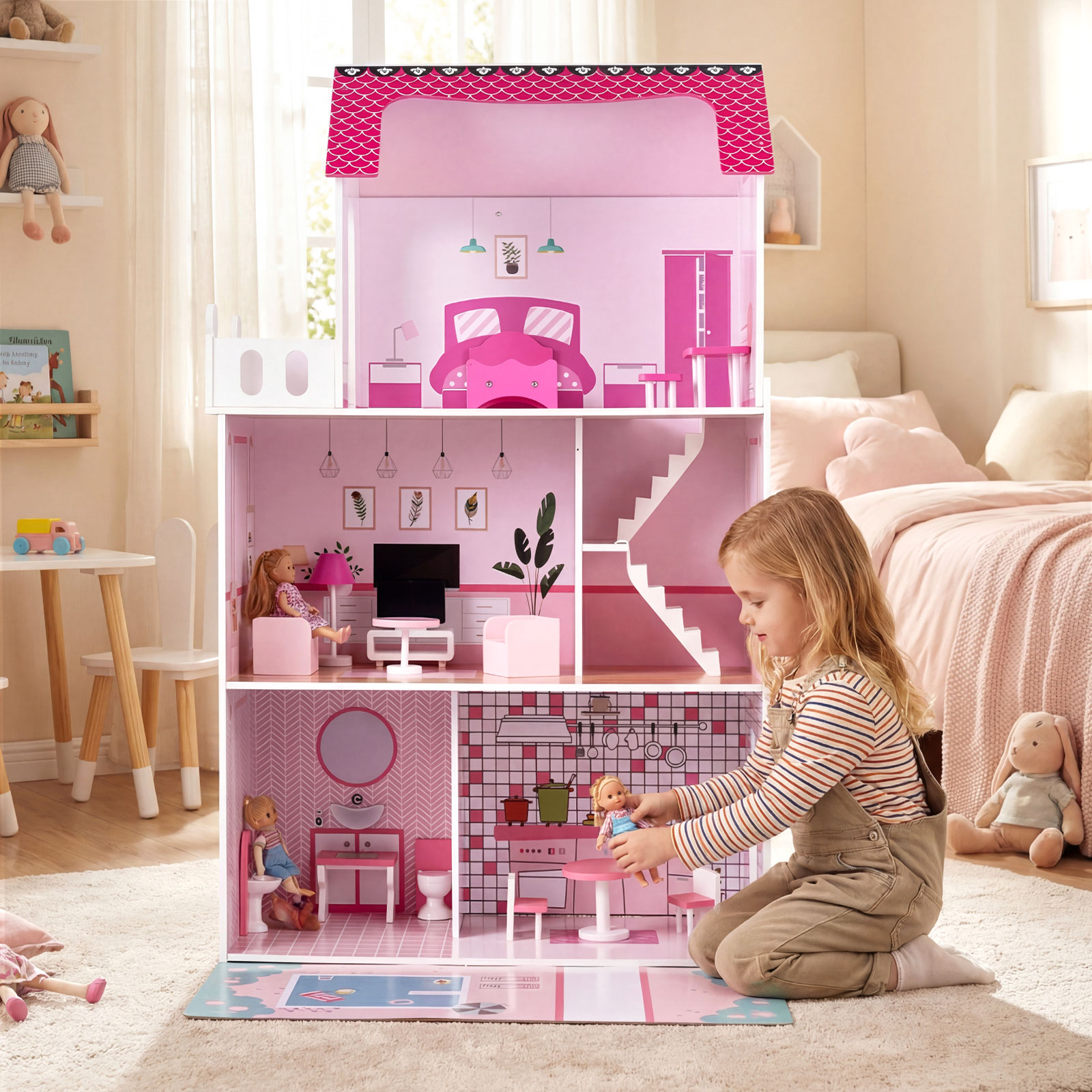 Holz Puppenhaus mit 17-teiliger Möbelausstattung & Treppenzubehör Dollhouse Rosa