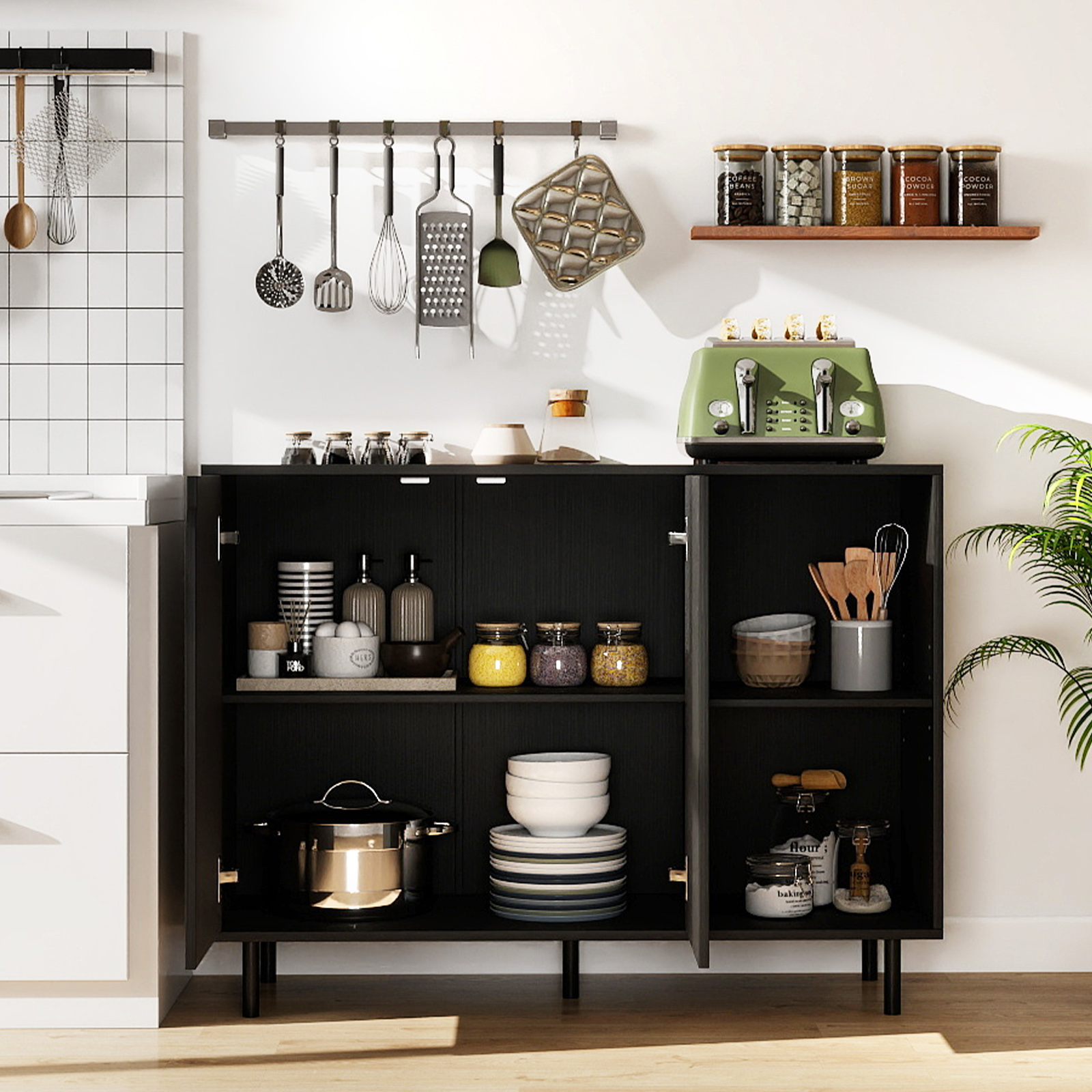 Holz Sideboard mit 4 Fächern & 2 Türen & Verstellbare Ablagen Buffetschrank Küchenschrank Schwarz