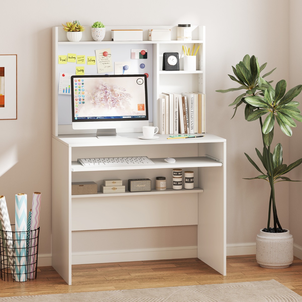 Computertisch mit Magnetischer Pinnwand Home Office Schreibtisch Modern PC Tisch Weiß